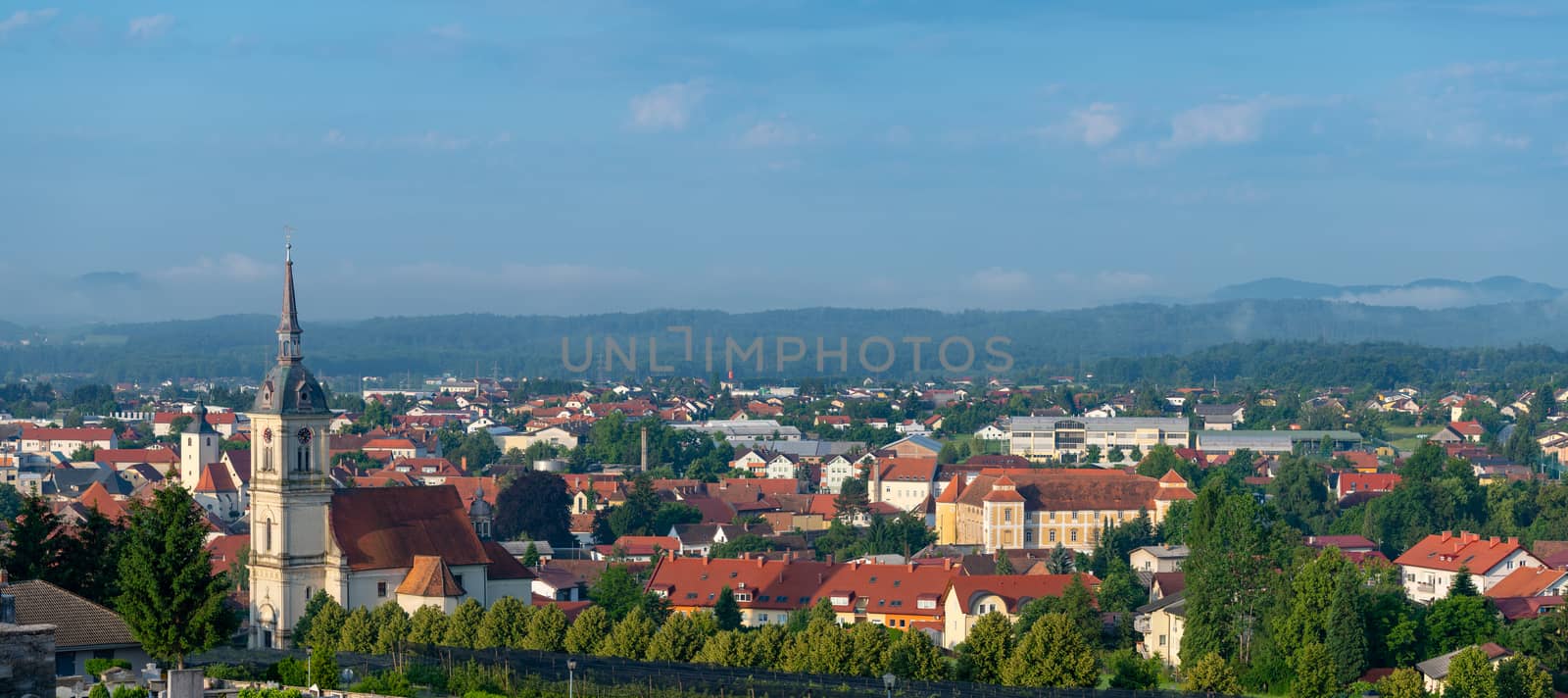 Panoramic view of Slovenska Bistrica, Slovenia, the church of St. Bartholomew dominates the towns skyline