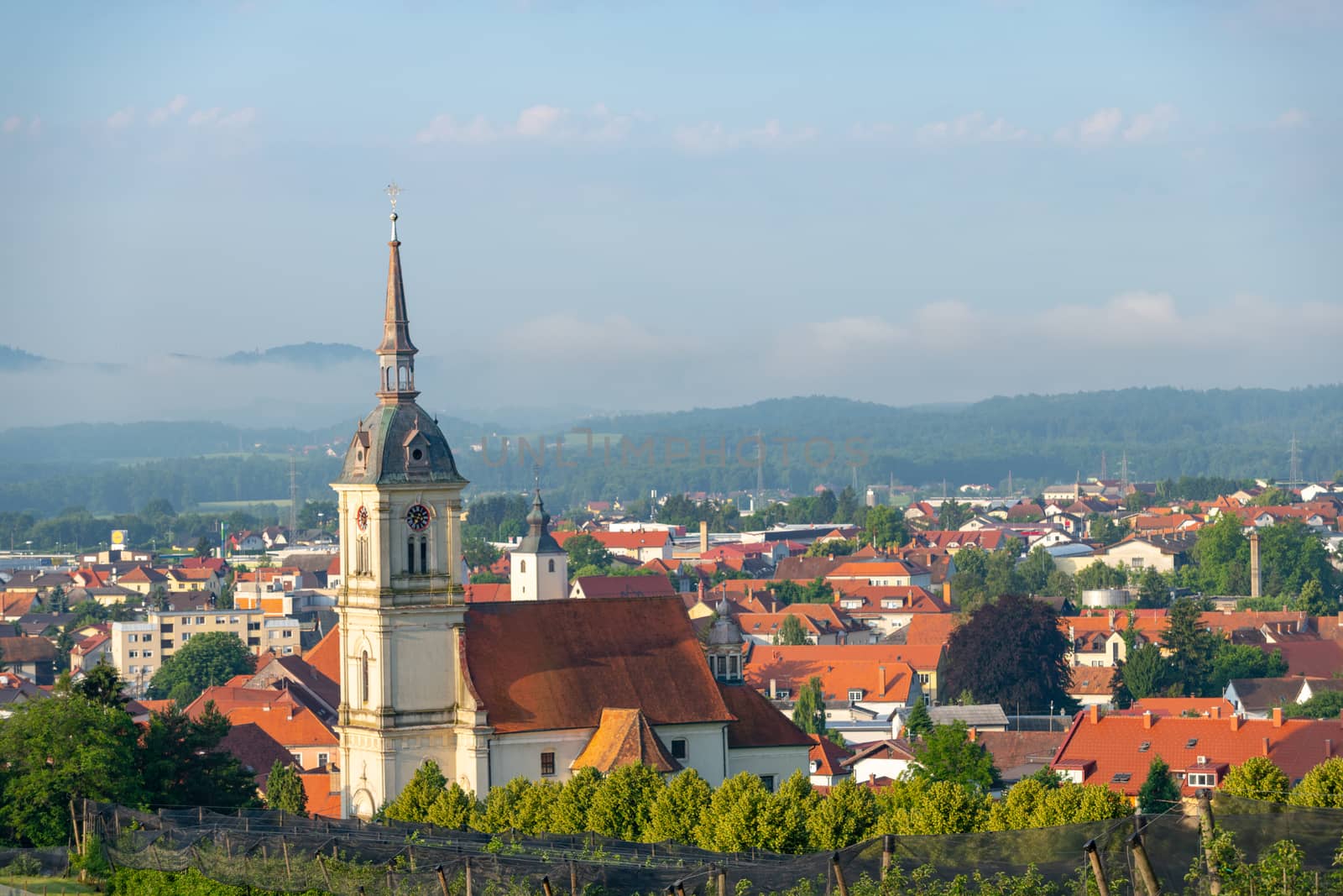 Panoramic view of Slovenska Bistrica, Slovenia, the church of St. Bartholomew dominates the towns skyline
