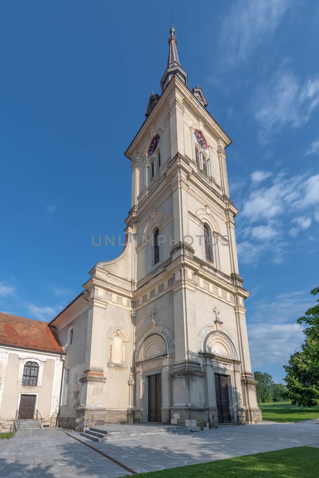 Church tower with clock, St. Bartholomew's church in Slovenska Bistrica, Slovenia
