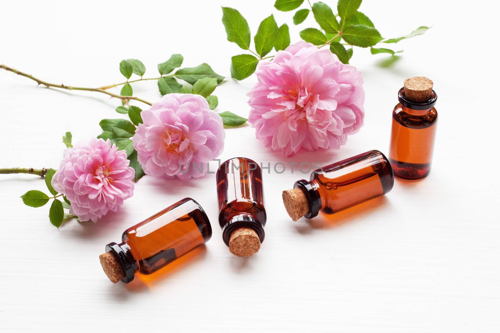Bottles of essential rose oil for aromatherapy, Huntington Rose.