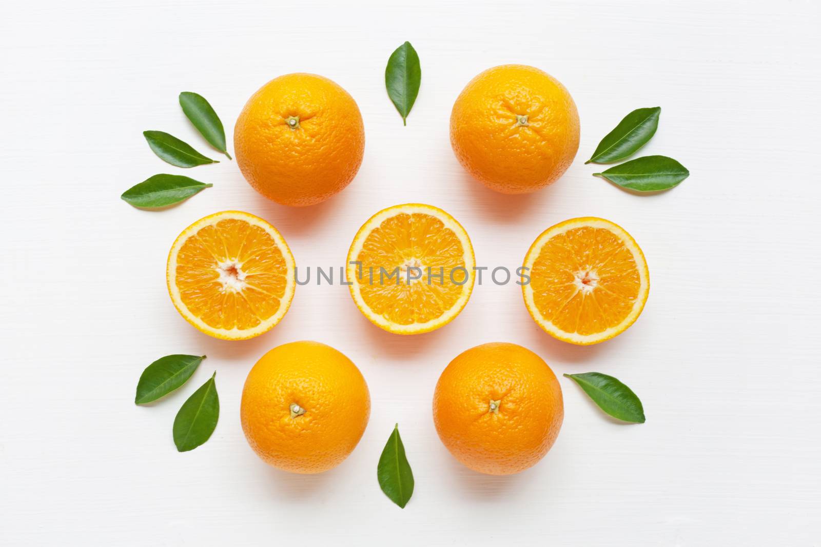 Fresh orange citrus fruit on white background. Top view