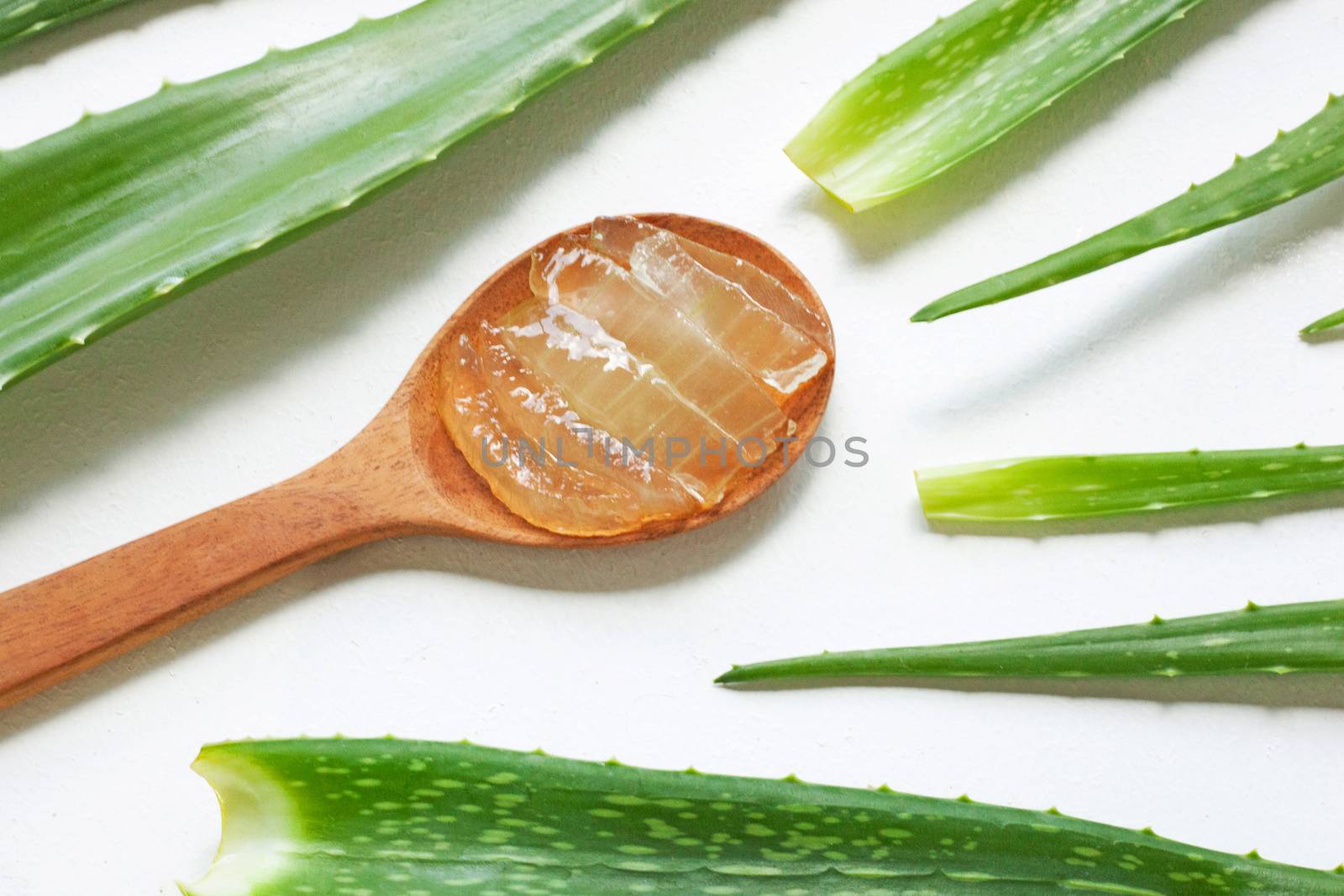 Aloe vera fresh leaves with aloe vera gel on wooden spoon. isolated on white