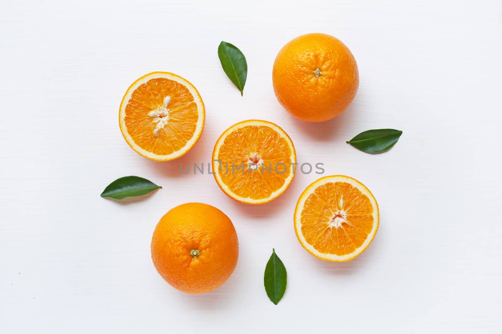 Fresh orange citrus fruit isolated on white background.  Top view