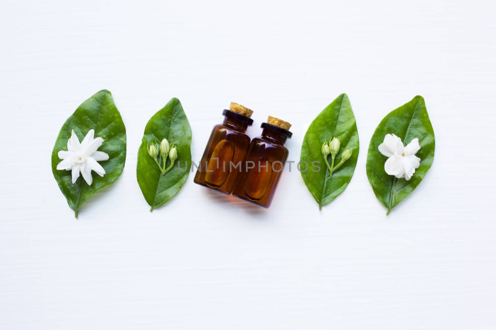 Essential oil with jasmine  flower on white background.