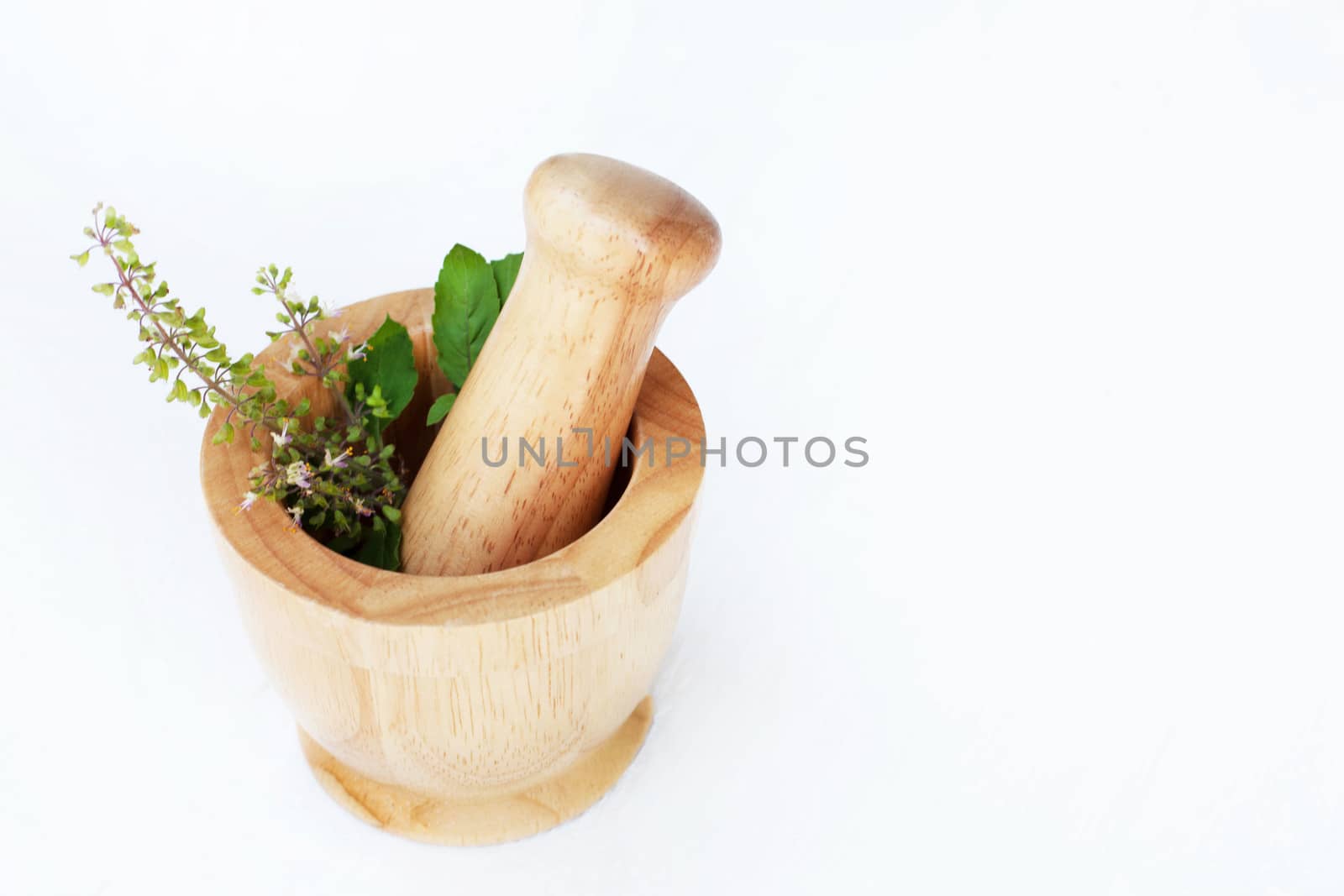 Holy Basil in wooden mortar  on white background.