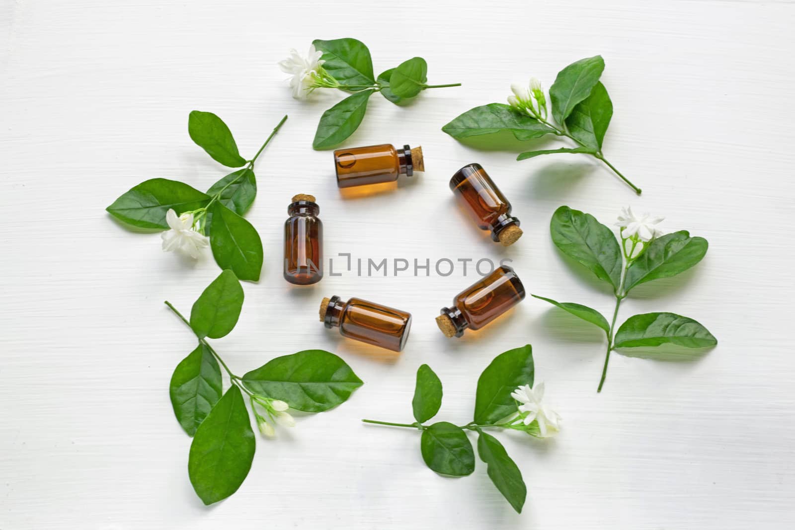 Dark brown Bottles of essential oil with jasmine flower and leaves on white background.