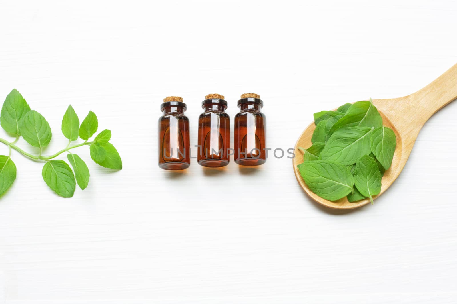 Mint Essential Oil in a Glass Bottle with leaves on white background.