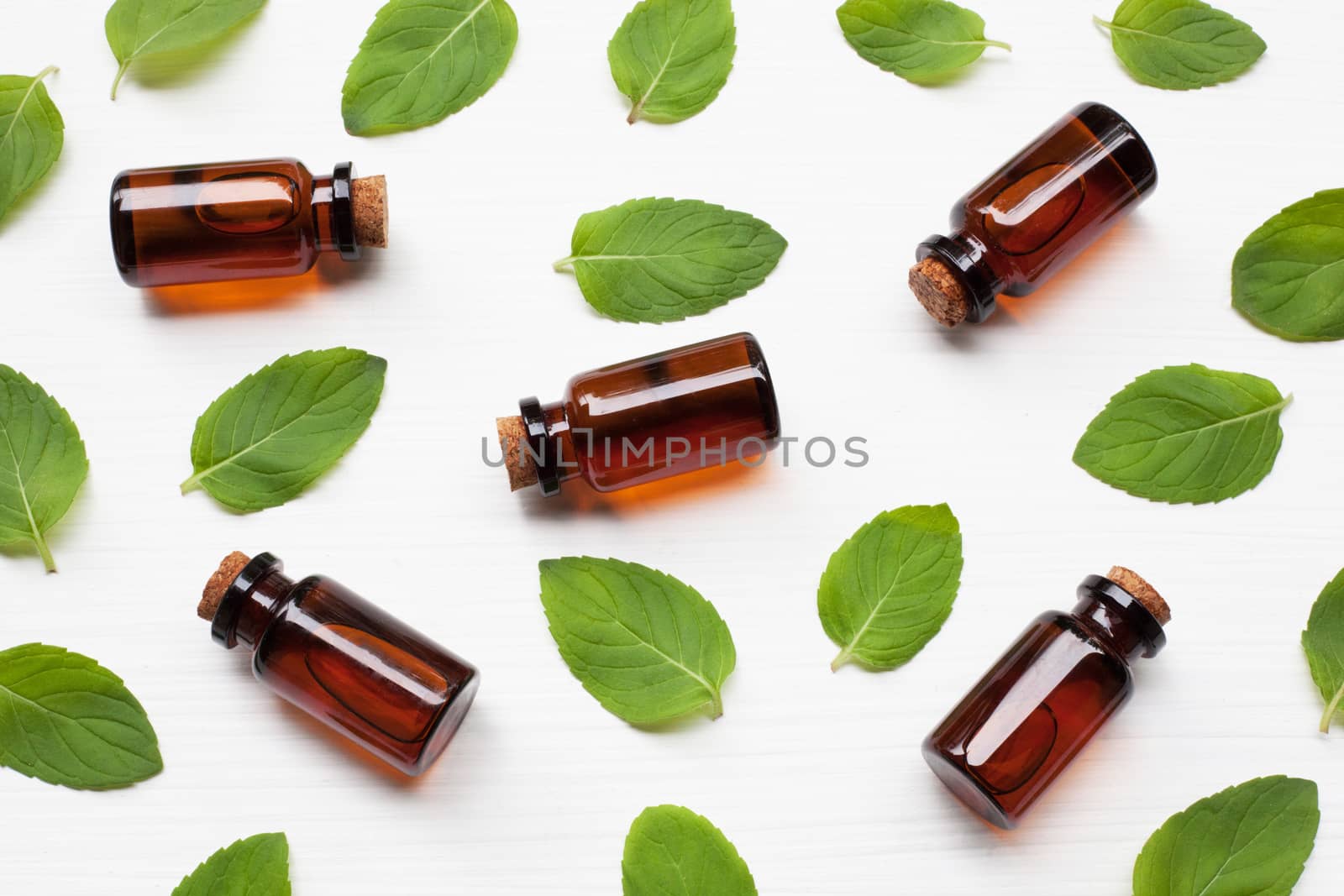 Mint Essential Oil in a Glass Bottle with leaves on white background.
