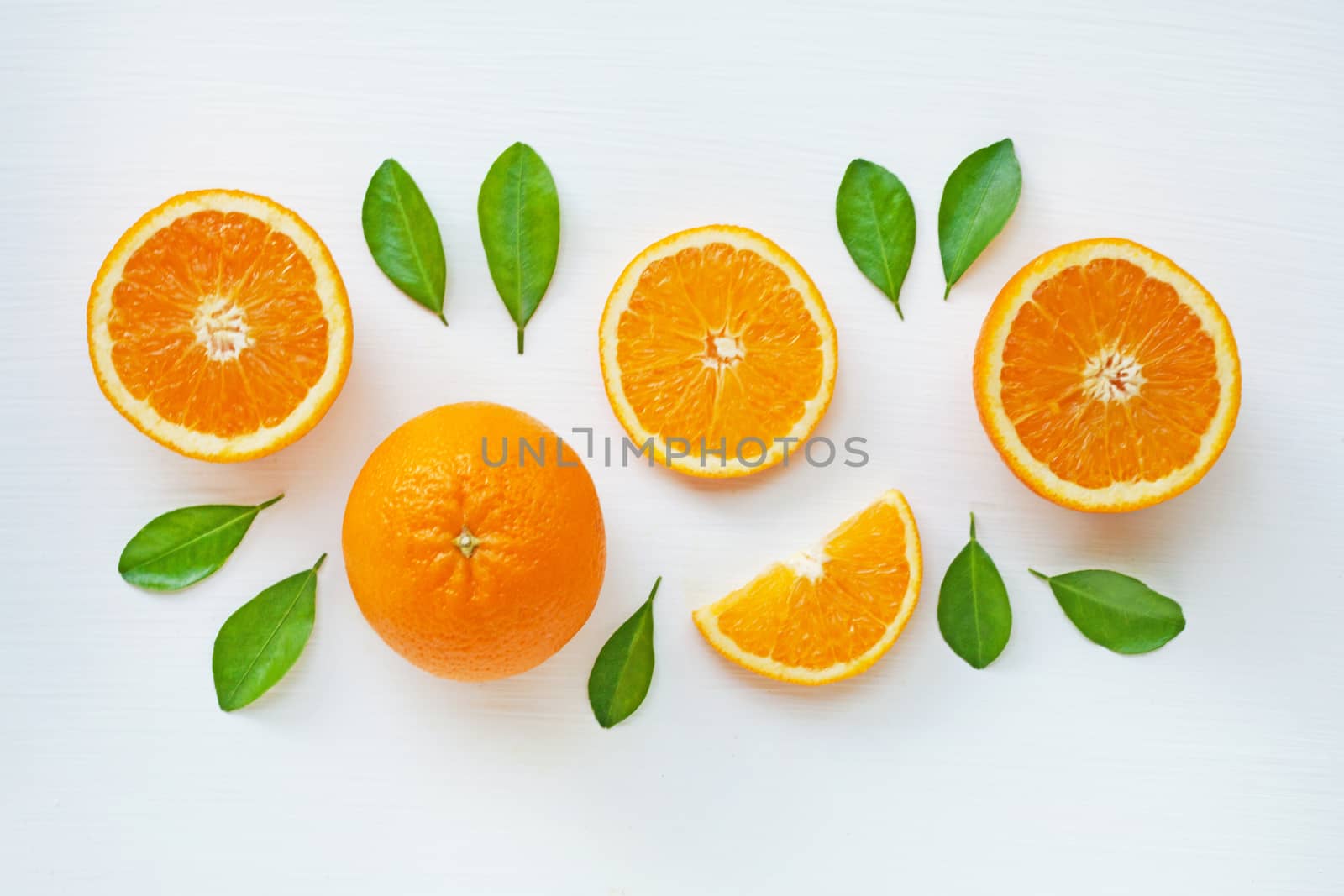 Fresh orange citrus fruit isolated on white background.  Top view