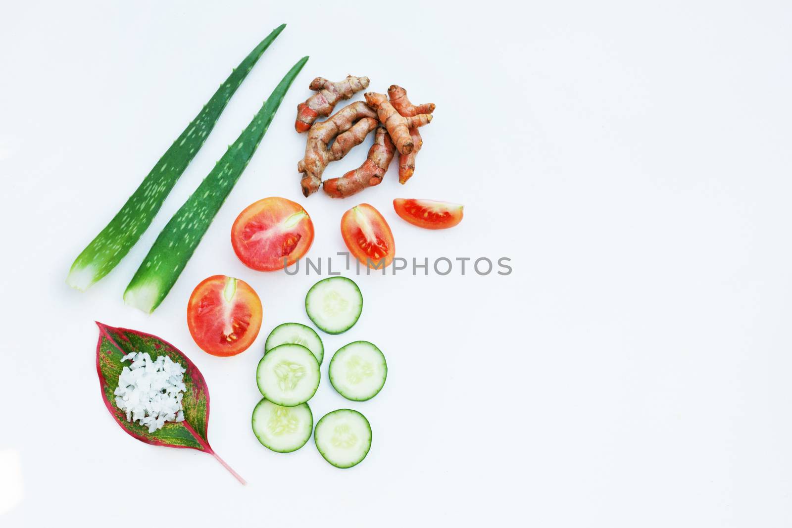 Natural ingredients for homemade skin care on white background. Copy space