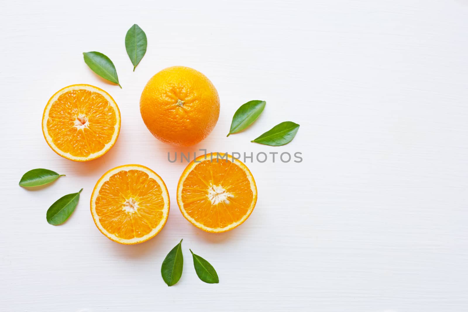 Fresh orange citrus fruit isolated on white background.  Top view