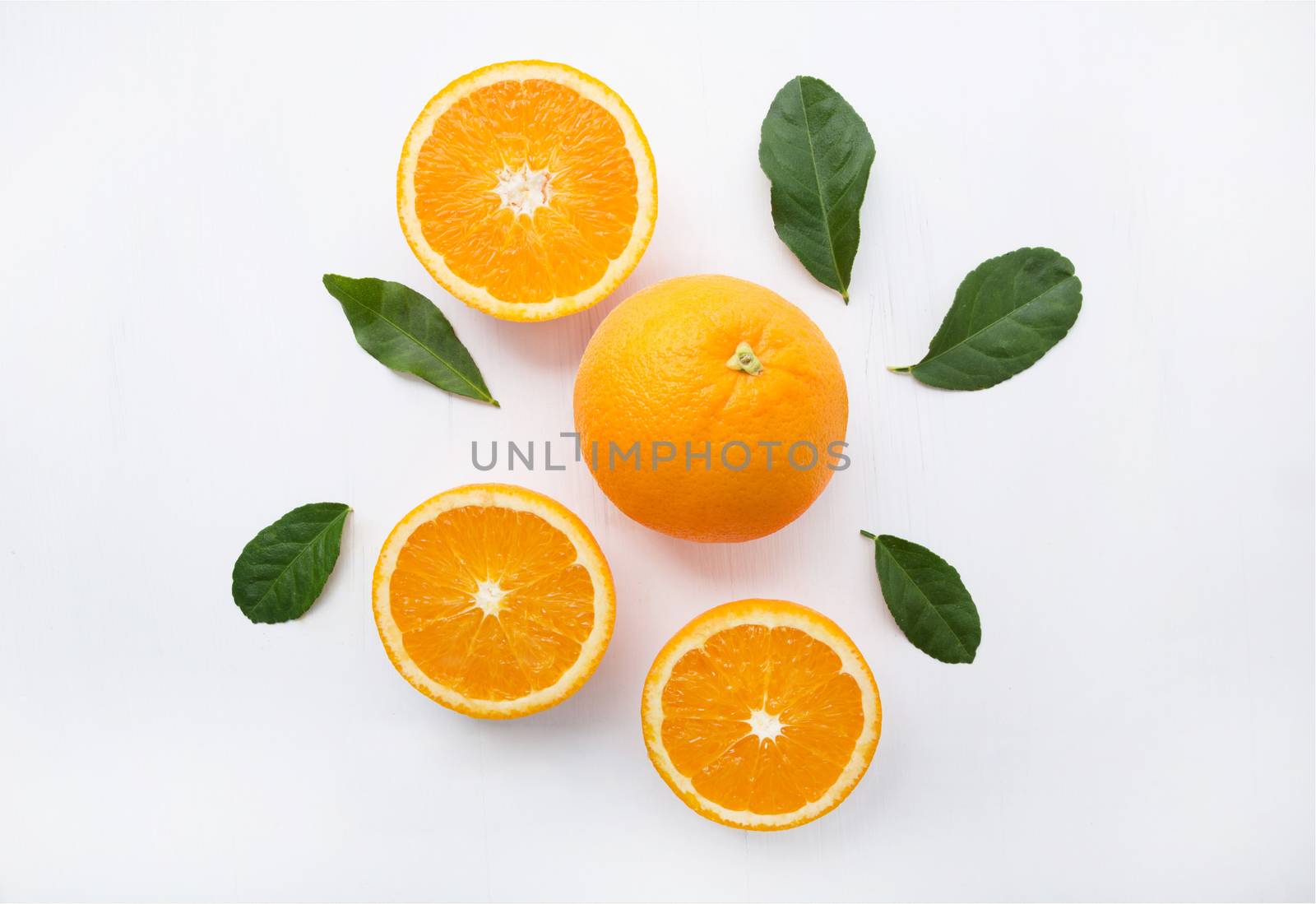 Fresh orange citrus fruit on white background. Top view