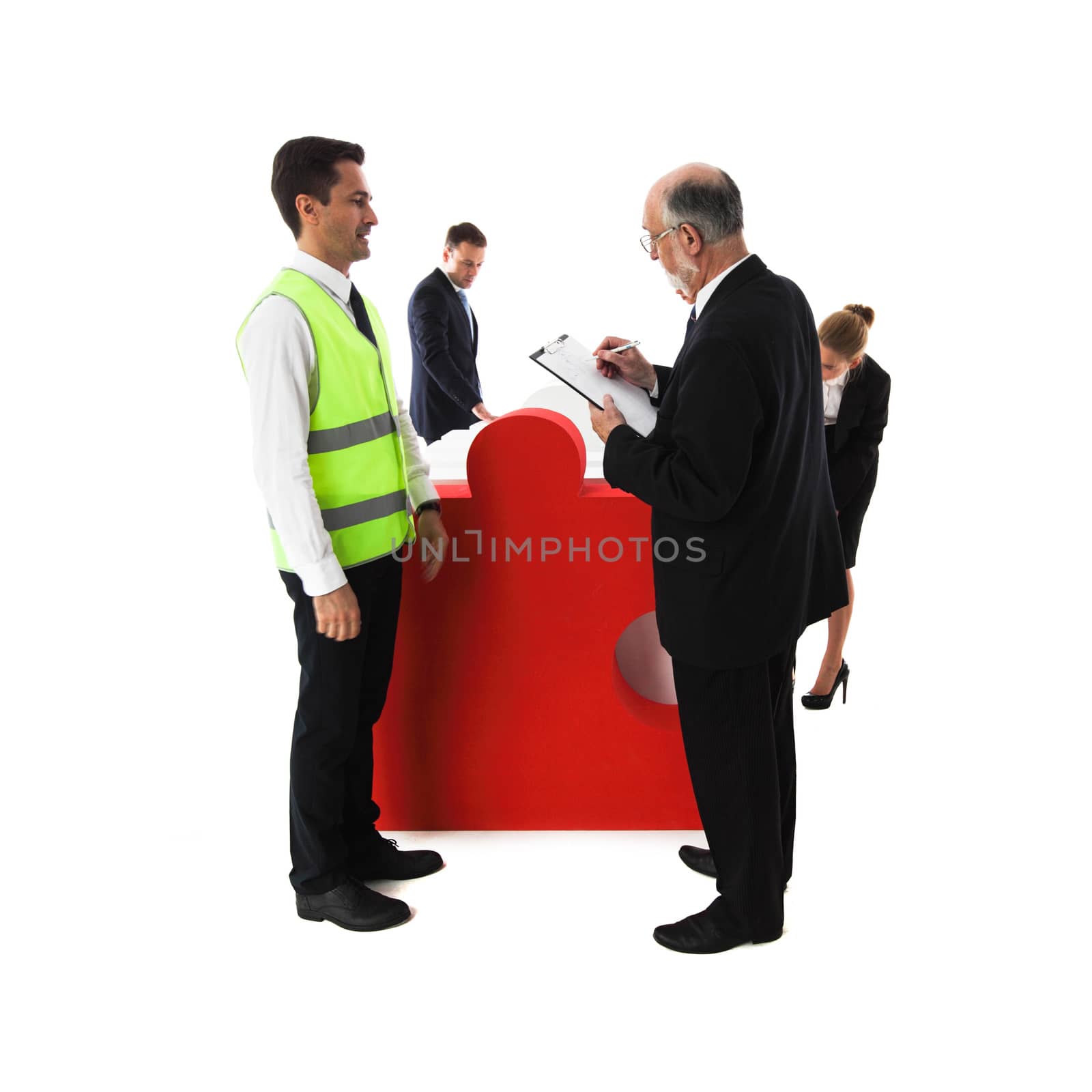 Business team receiving big puzzle pieces and signing delivery document, problem solution concept, isolated on white background