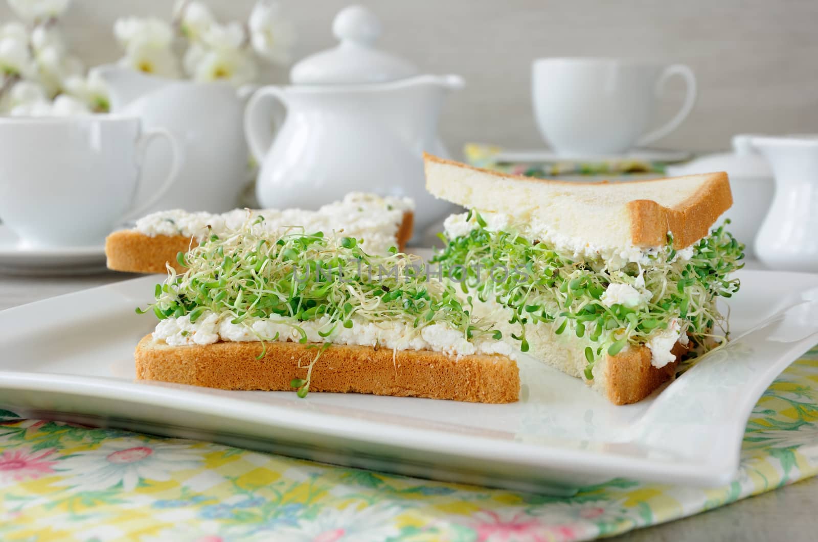 A sandwich of tender, juicy sprouted alfalfa sprouts with soft ricotta and a cup of coffee or tea, which may be better for a break