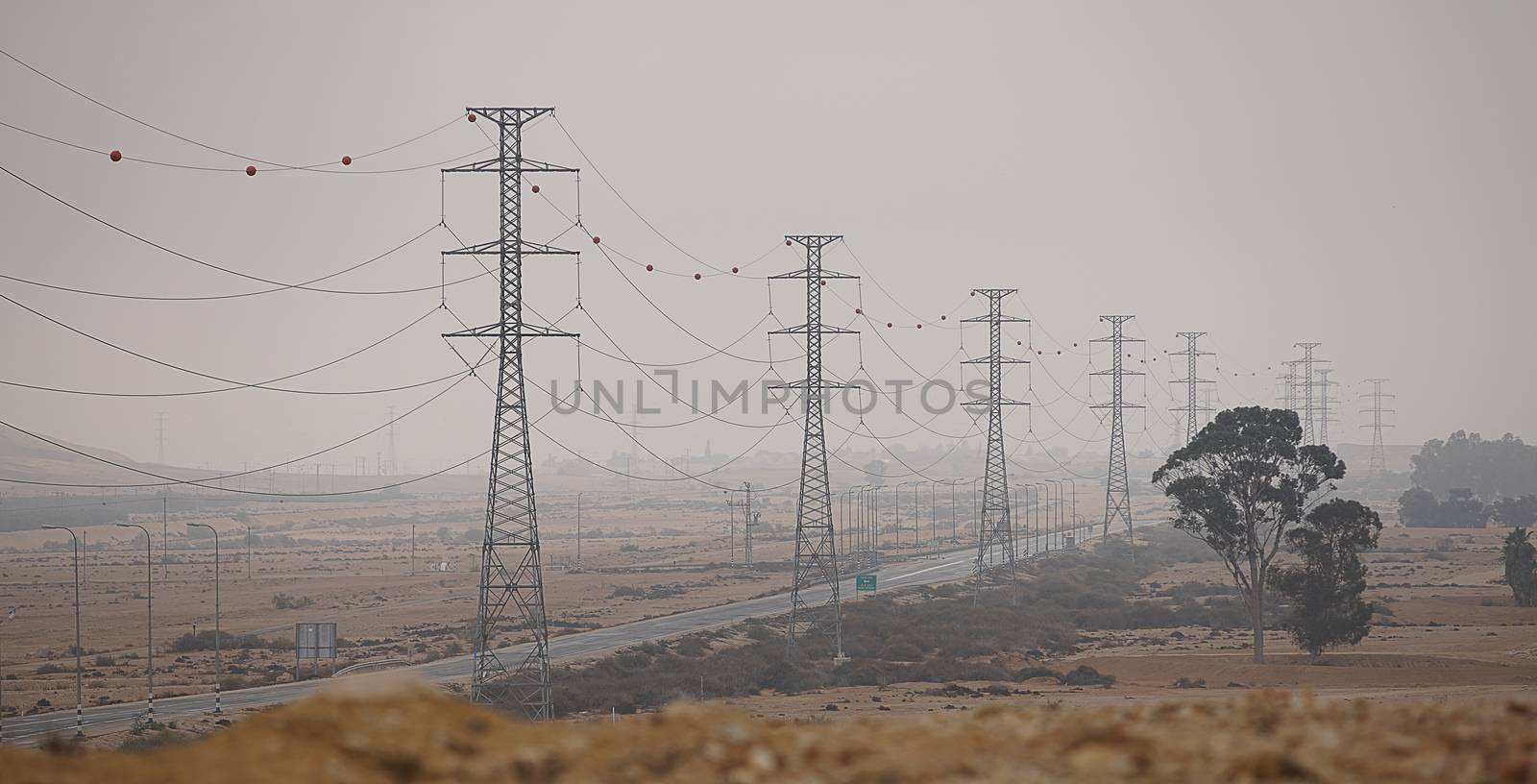 industrial landscape, electric poles in the desert