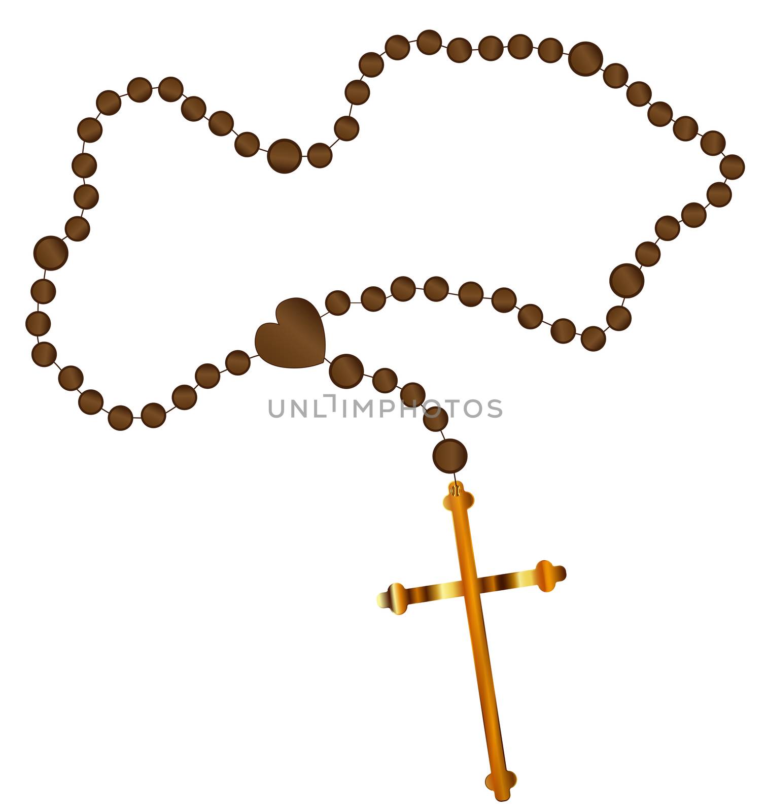 Catholic rosary beads with a golden cross all over a white background