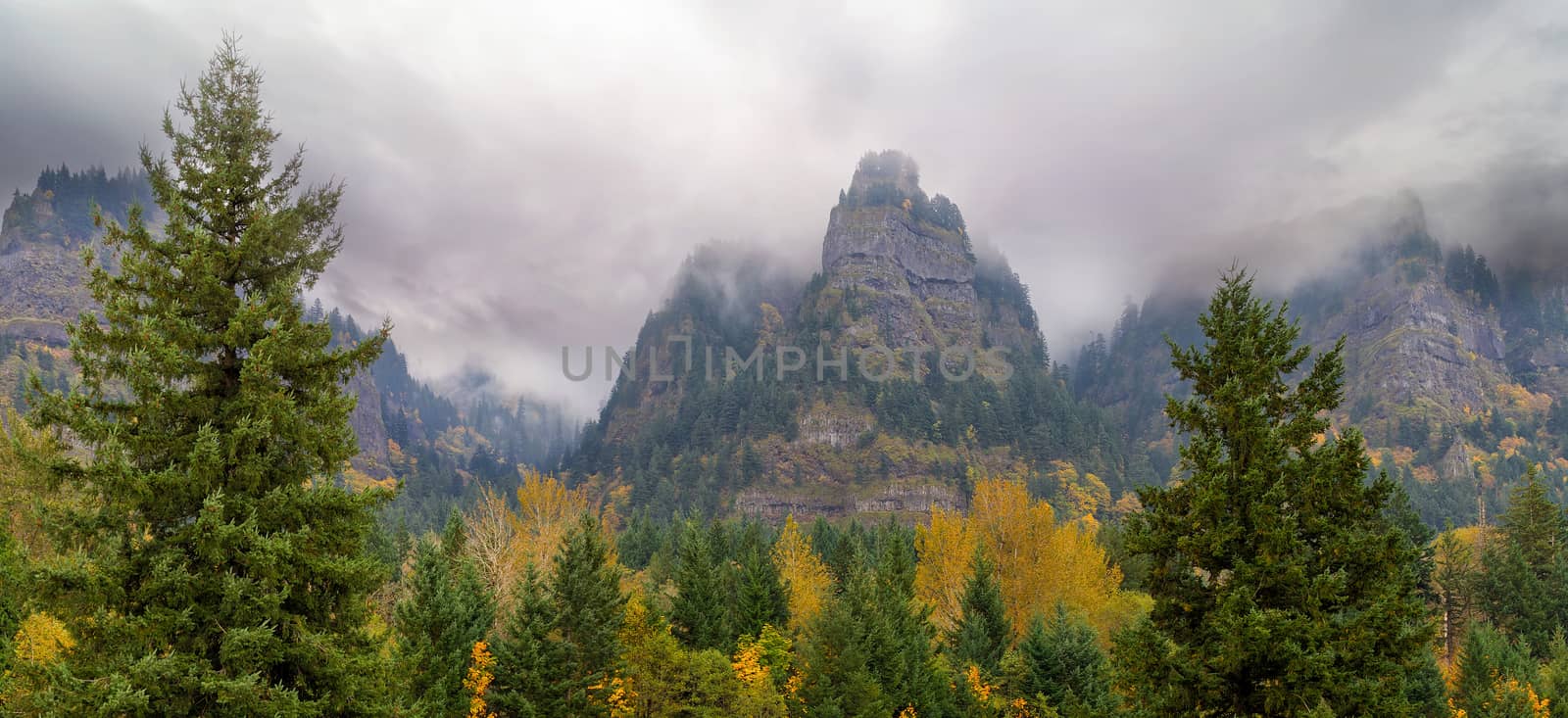 St Peters Dome along Columbia River Gorge on a foggy day in fall season panorama