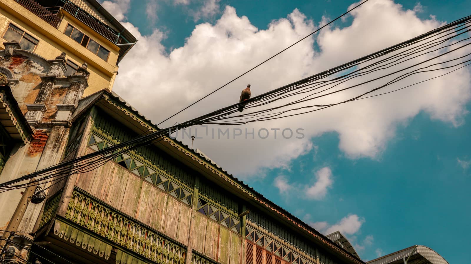 Ancient Wooden House with a Bird on Electric Wires. Low Angle View. Bright Sunny Sky with Clouds.