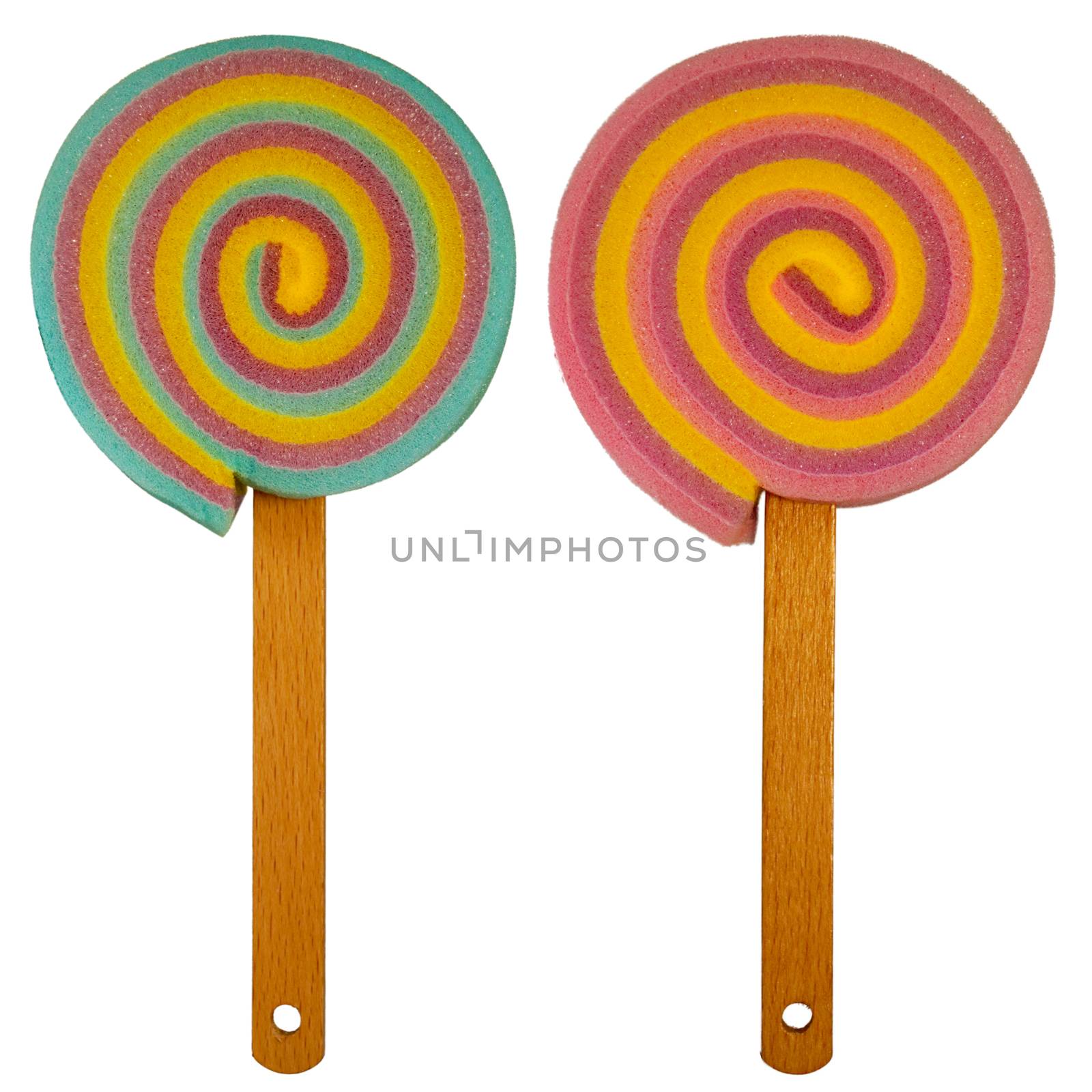 Colorful Lollipop/ Cake Sponge with Wooden Stick/ Handle -Mixed Pastel Colors - Foam Texture. Isolated.