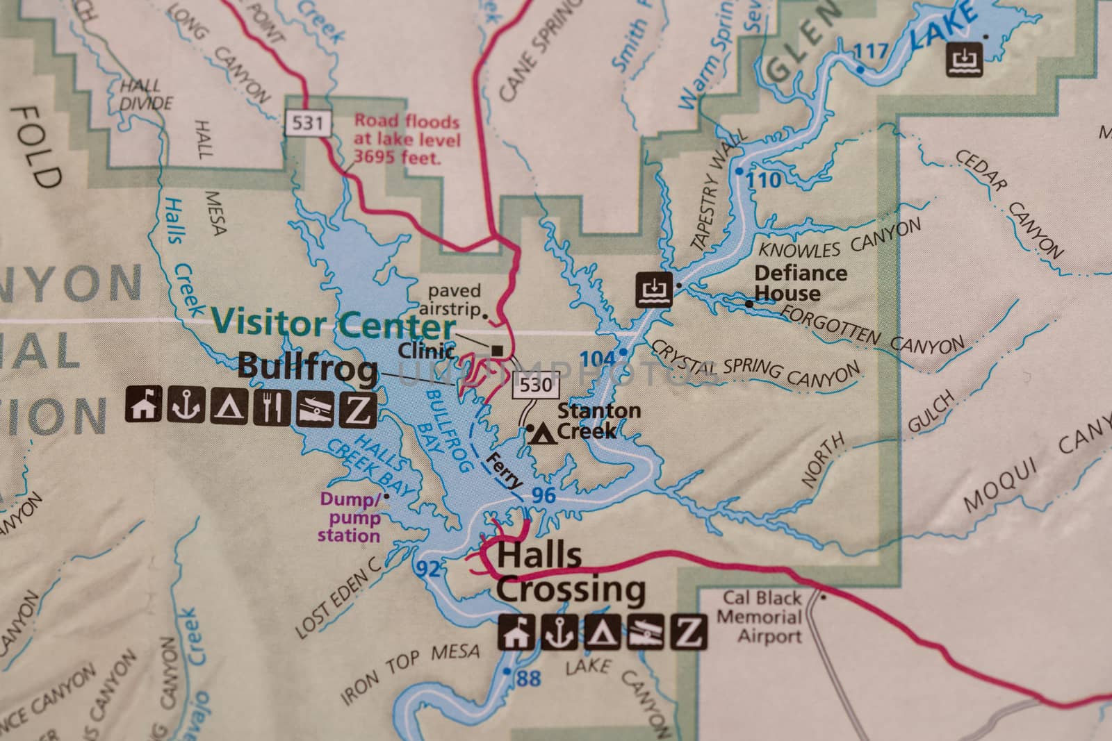 Travel planning accessories, trip to USA, Lake Powell area, map detail of Lake Powell, AZ