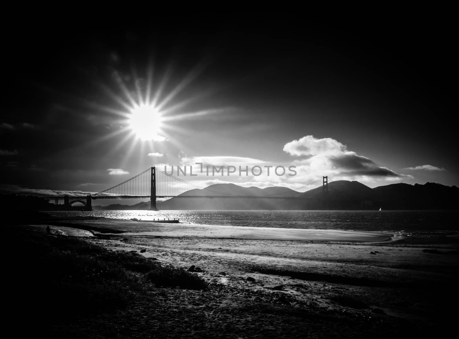 Dramatic Retro Style Black And White Image Of The Golden Gate Bridge In San Francisco At Sunset With Copy Space