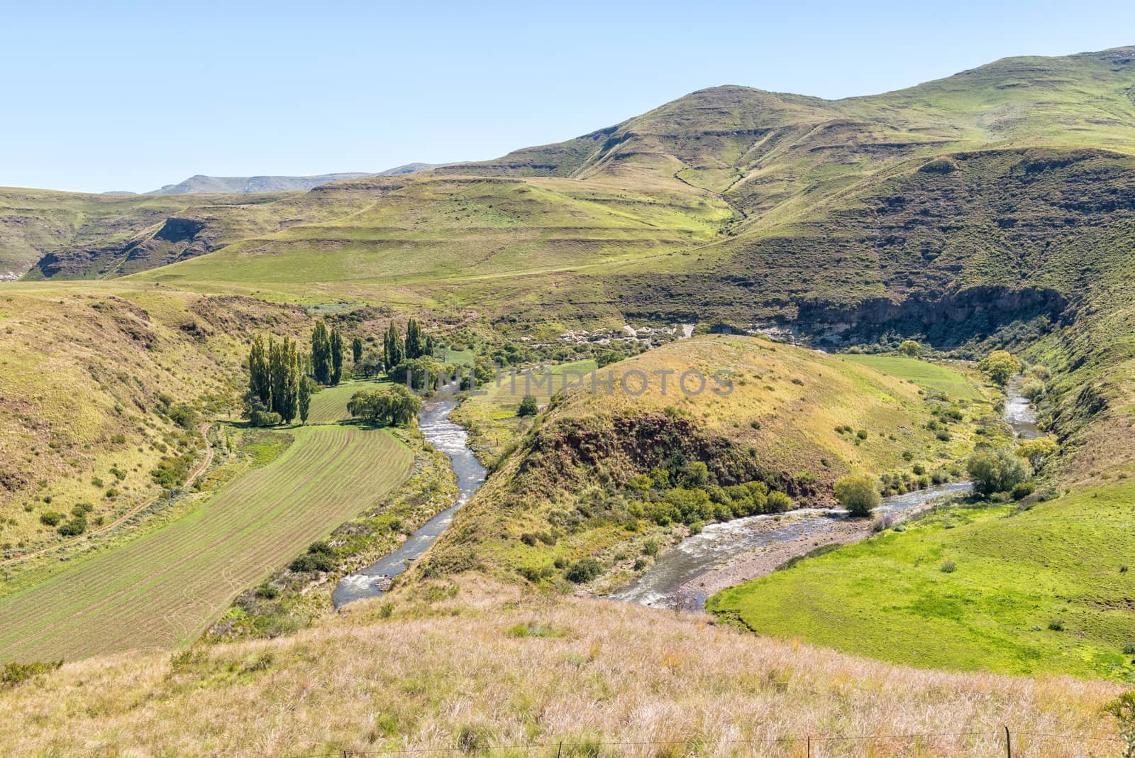 An aerial farm landscape with a horseshoe bend in the Bell River near Rhodes in the Eastern Cape Province of South Africa