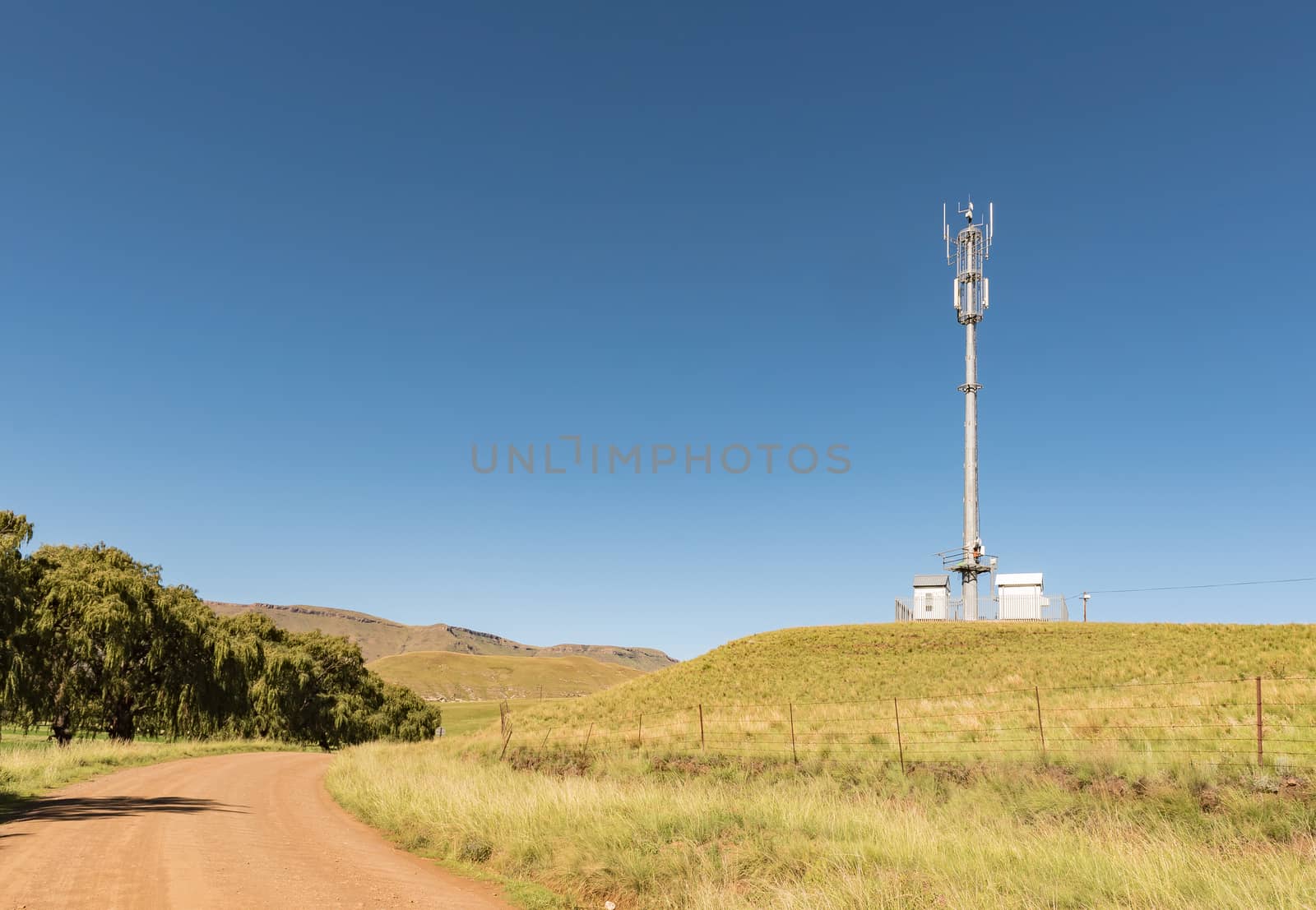 The landscape on road R396 near Rhodes in the Eastern Cape Province. A cellphone tower is visible