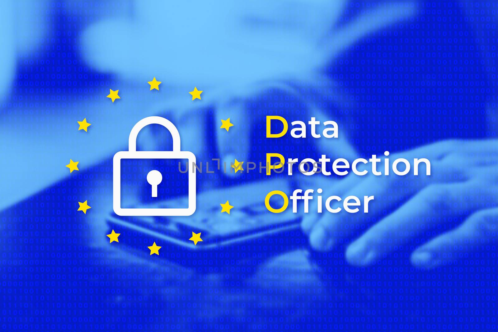 DPO - Data Protection Officer. EU flag with blue photo backgroun by Softulka