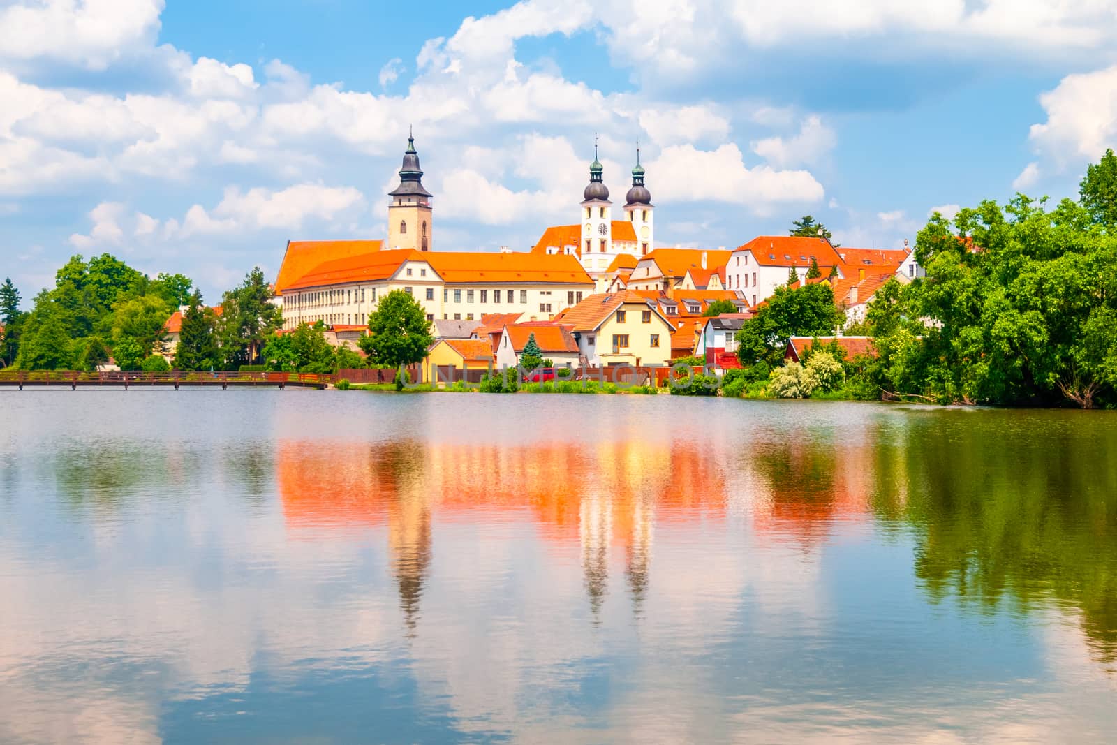 Panoramic view of Telc Castle. Water reflection, Czech Republic. UNESCO World Heritage Site. by pyty