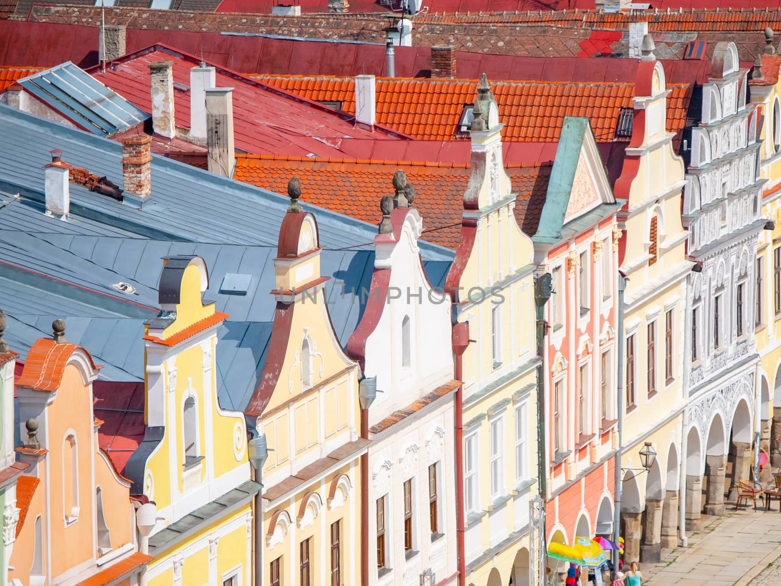 Aerial view of colorful gables and rooftops of renaissance houses in Telc, Czech Republic. UNESCO World Heritage Site by pyty