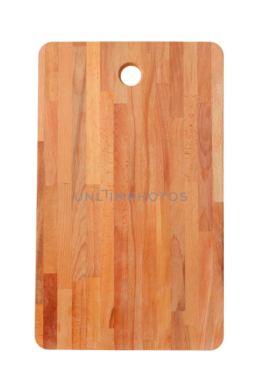 wooden cutting board with hole on white background