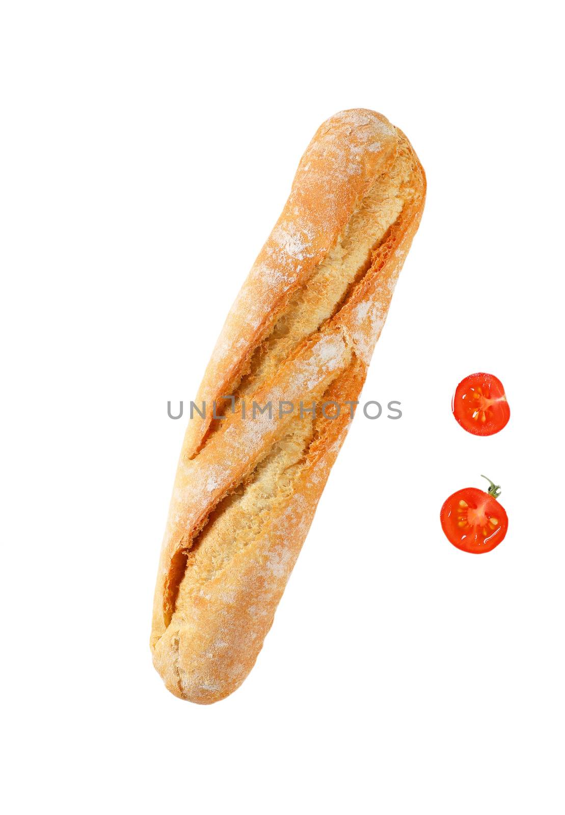short French baguette, rosemary and cherry tomato on white background