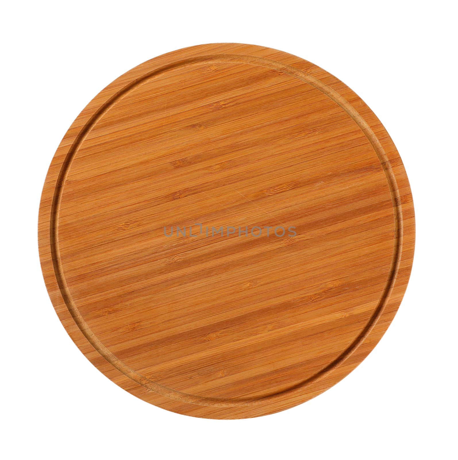 empty round wooden cutting board on white background