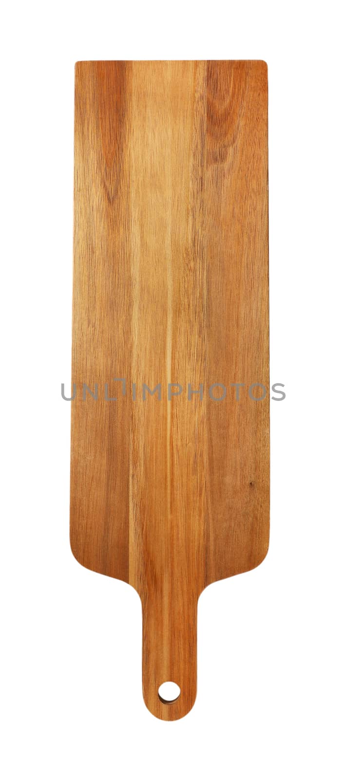 narrow wooden cutting board with handle on white background