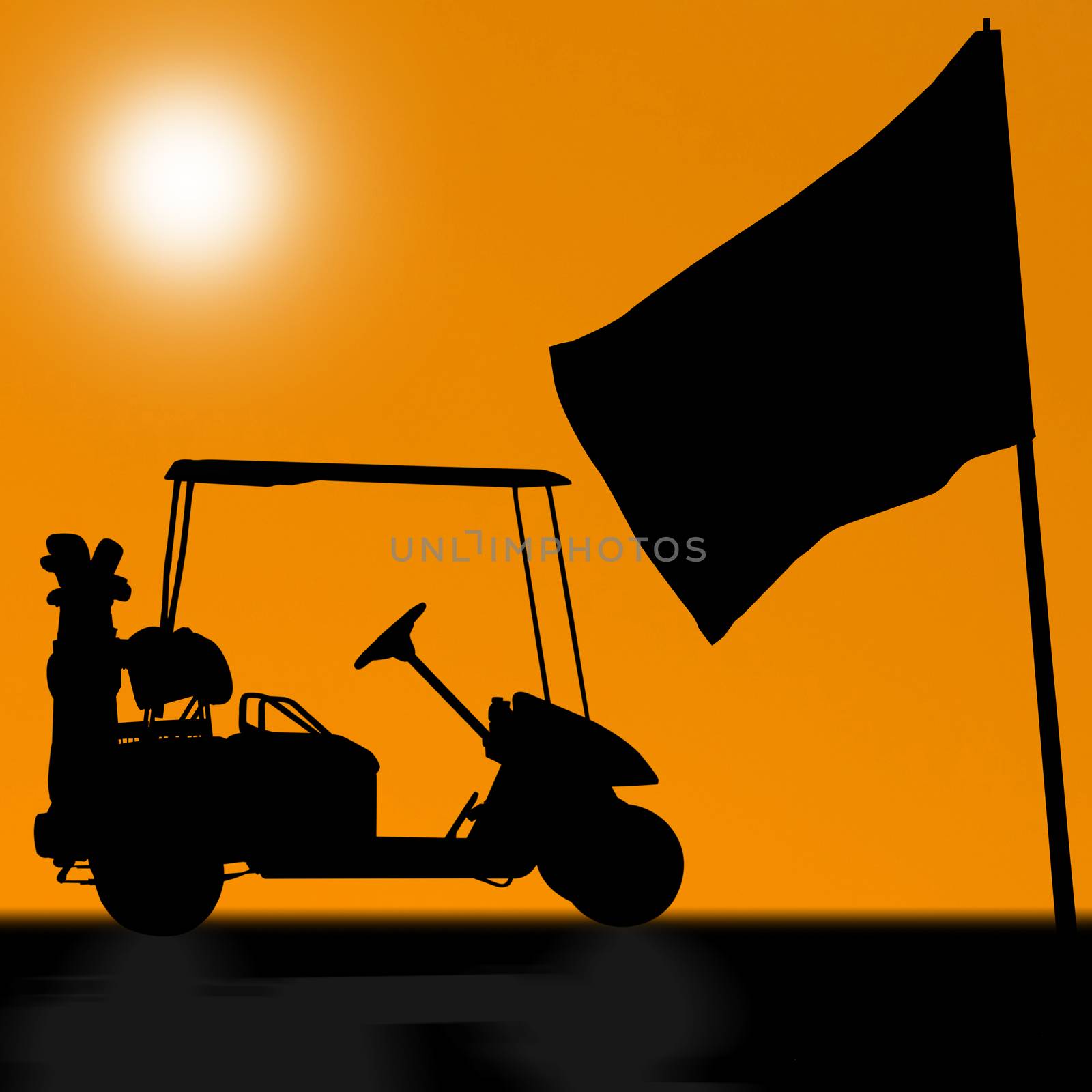 Silhouettes of golf cart on golf course