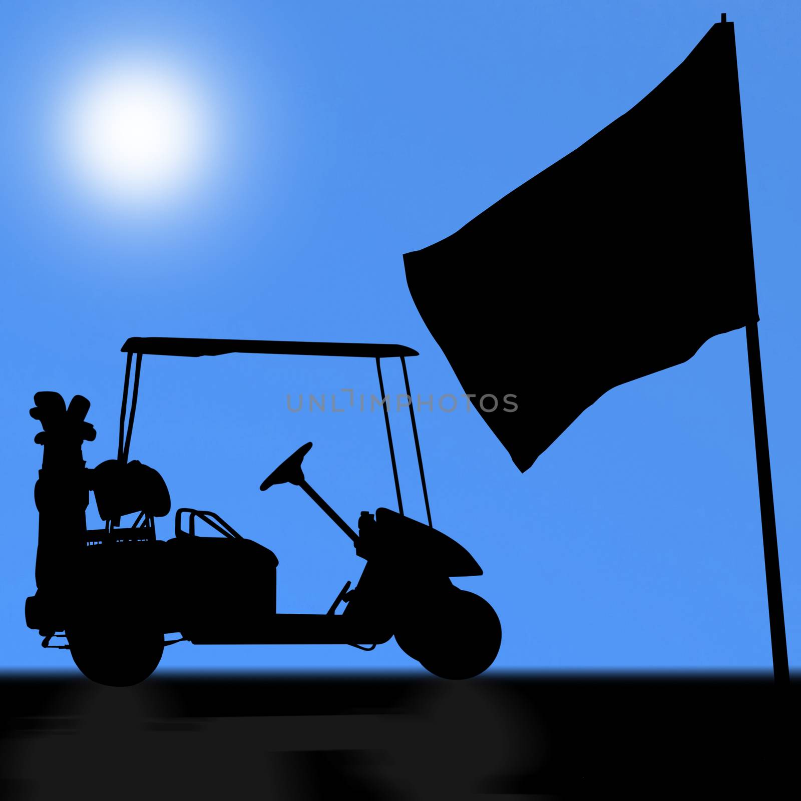 Silhouettes of golf cart on golf course