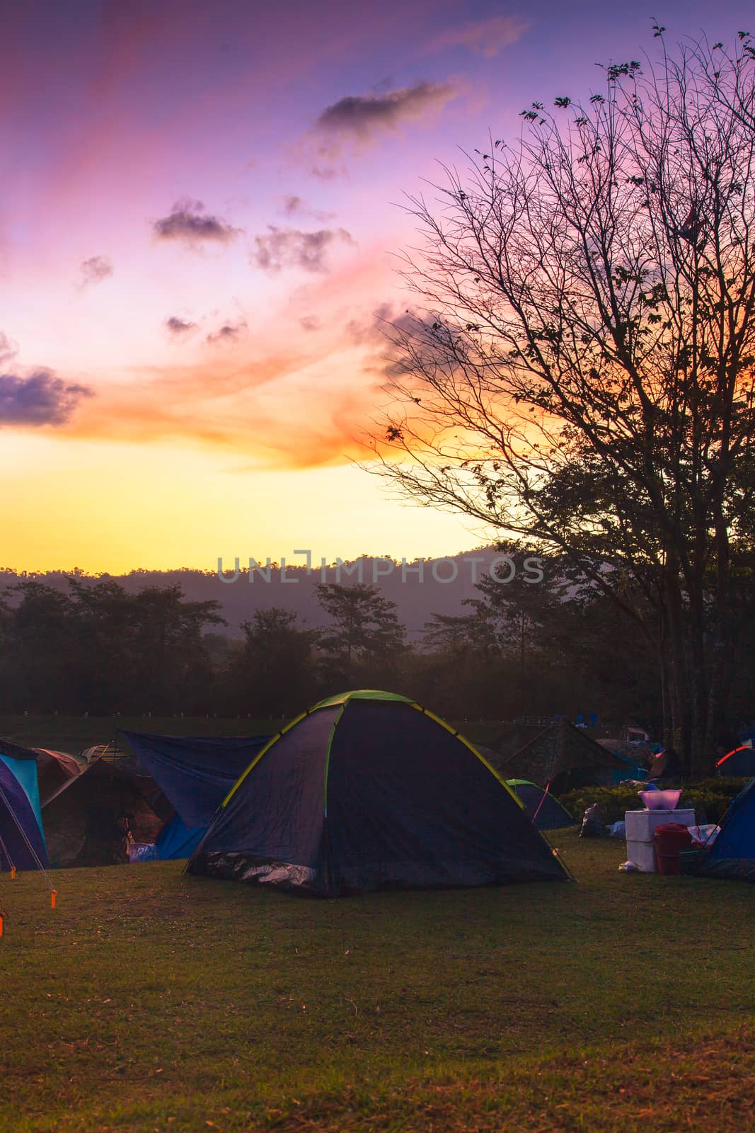 Holiday camping with twilight background in sunset