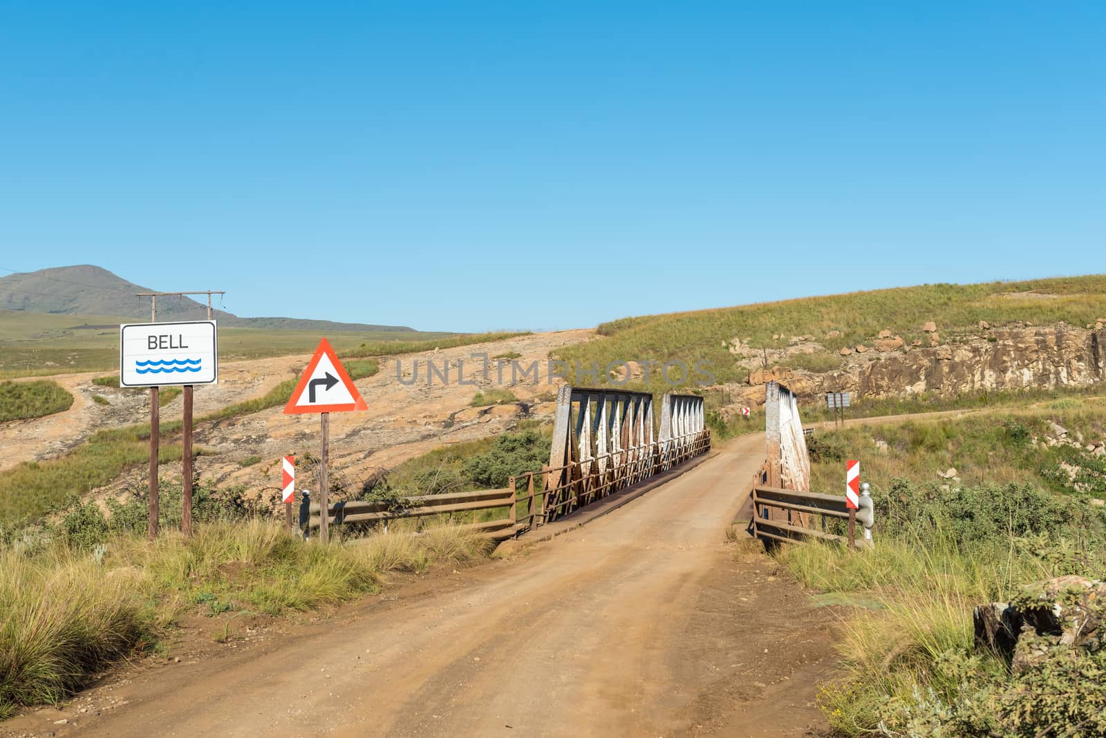 Single lane bridge on road R396 over the Bell River near Rhodes in the Eastern Cape Province of South Africa