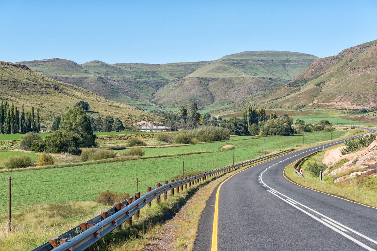 A farm landscape next to road R58 between Barkly-East and Barkly Pass in the Eastern Cape Province of South Africa