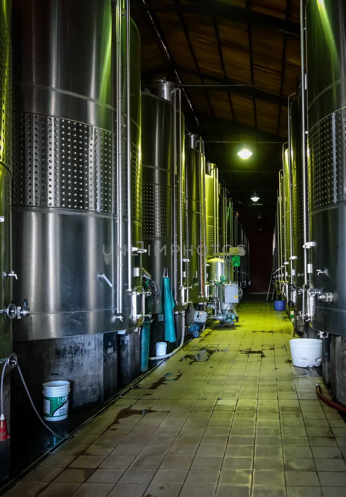 rows of metal wine barrels in a winery