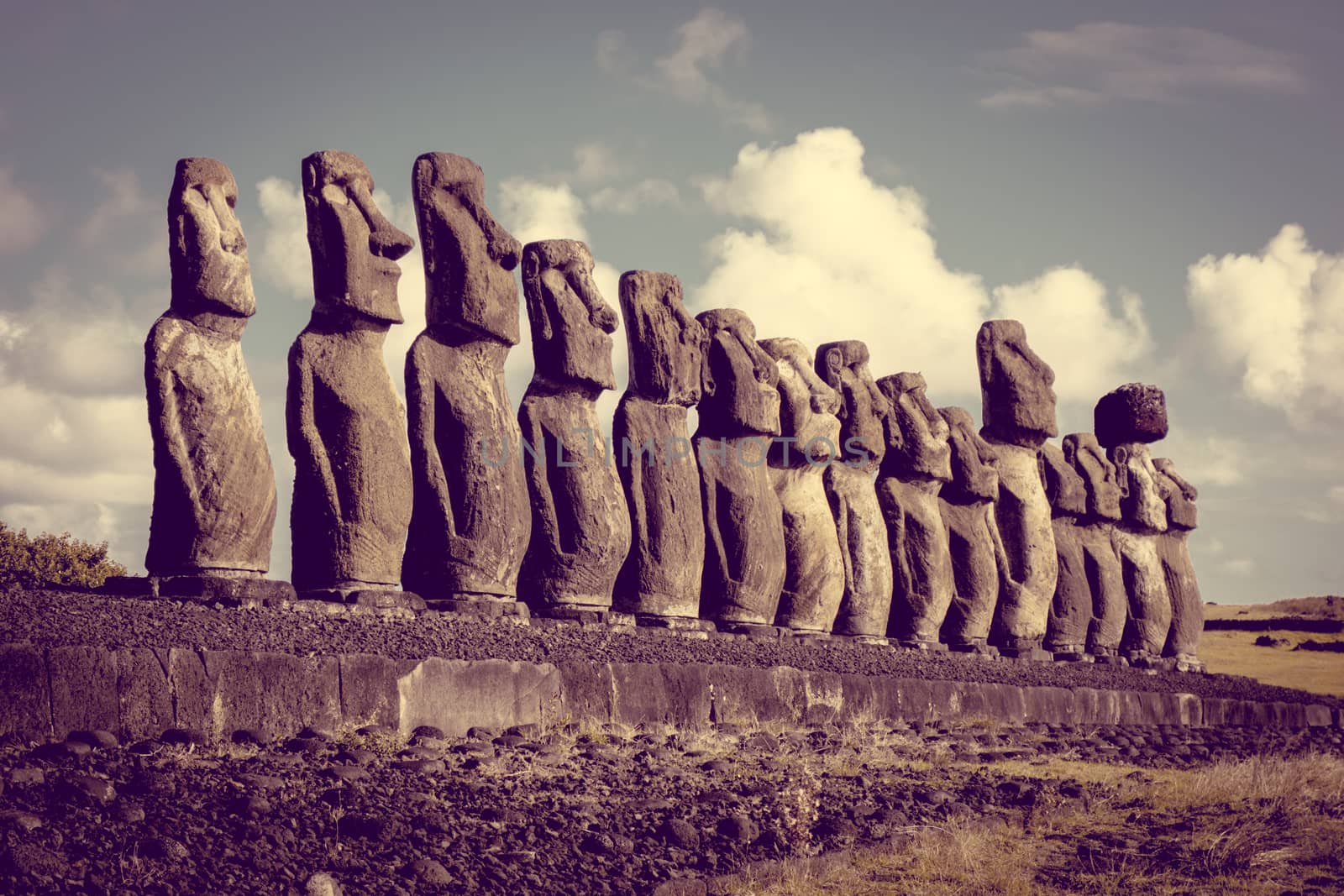 Moais statues, ahu Tongariki, easter island, Chile