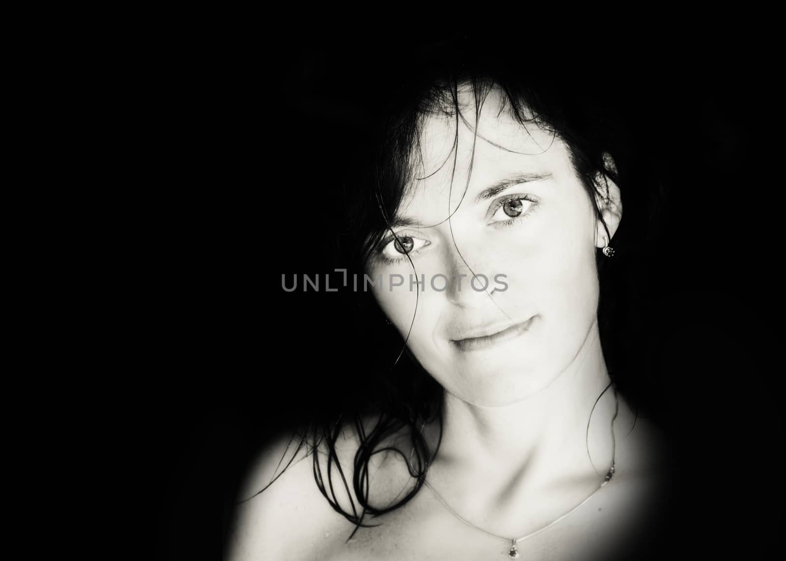 woman. female. close-up portrait. black and white photo