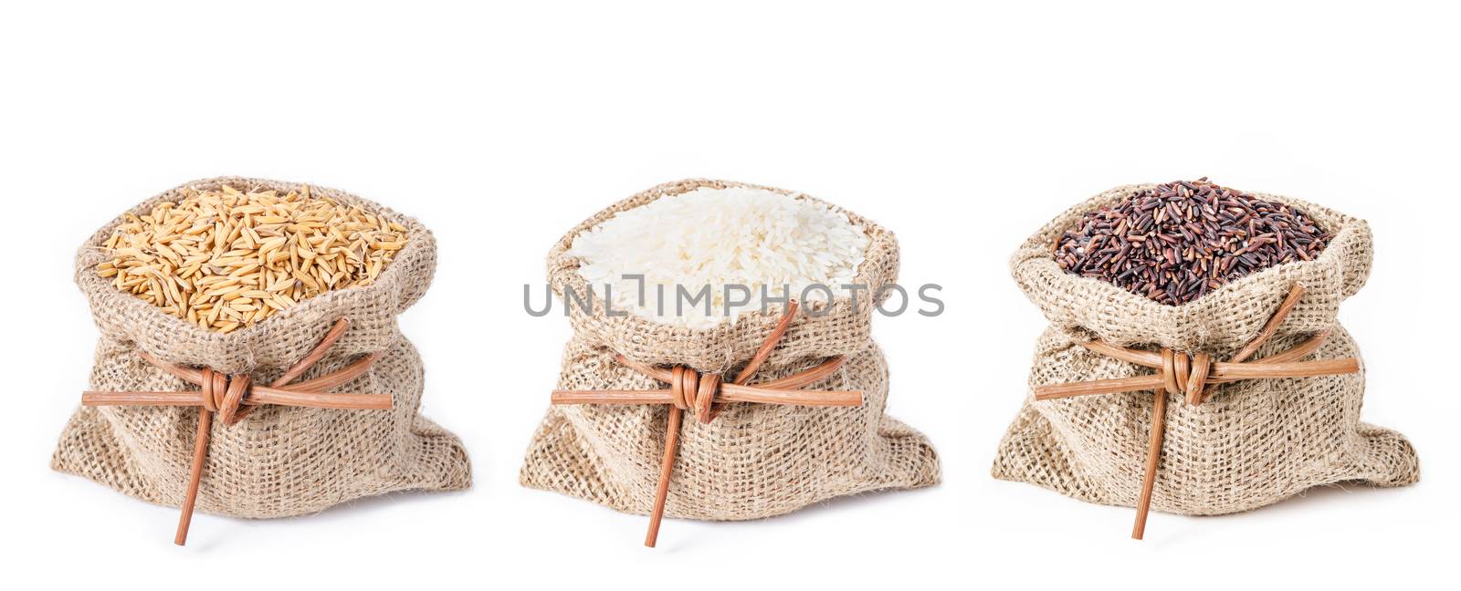 Rice collection in sack bag isolated on white background.