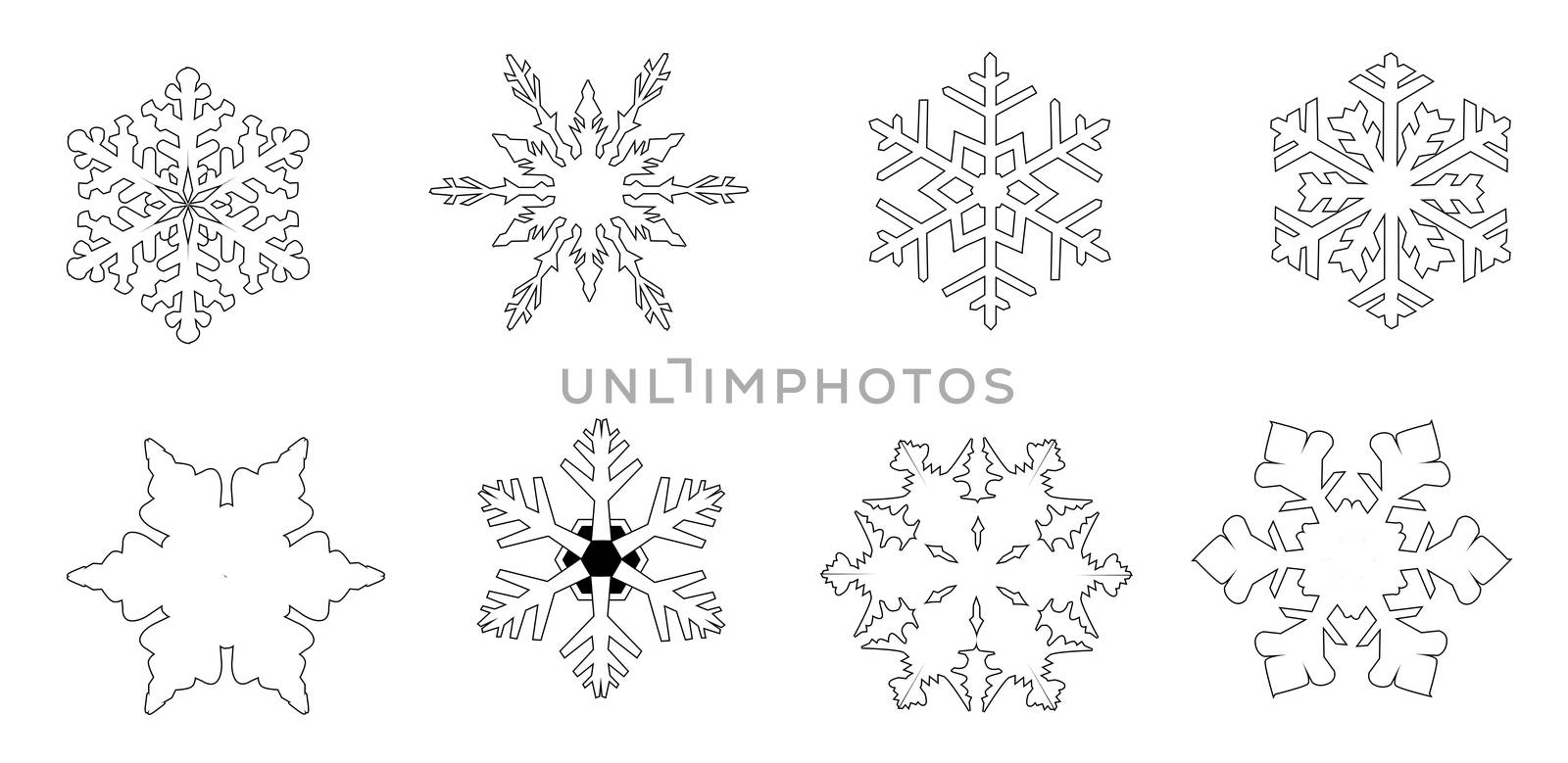 A collection of 8 different snowflakes isolated on a white background