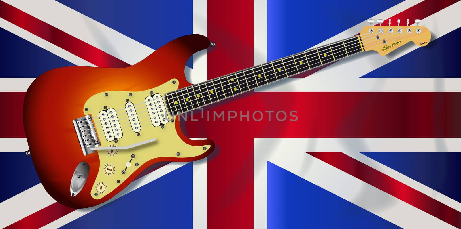 Typical Union Jack flag of the United Kingdom with a typical electric guitar over