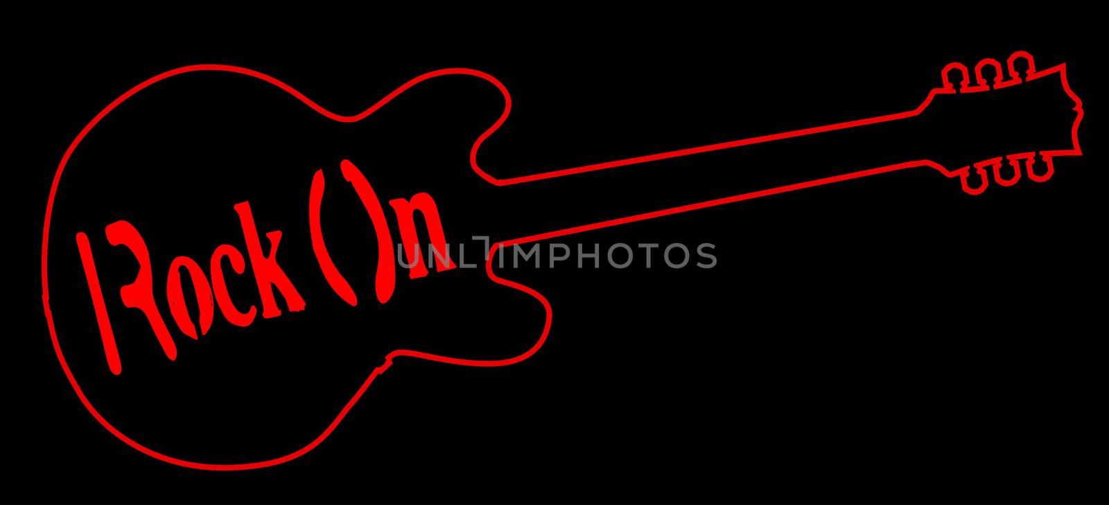 Red neon style guitar outline on black with Rock On red neon text