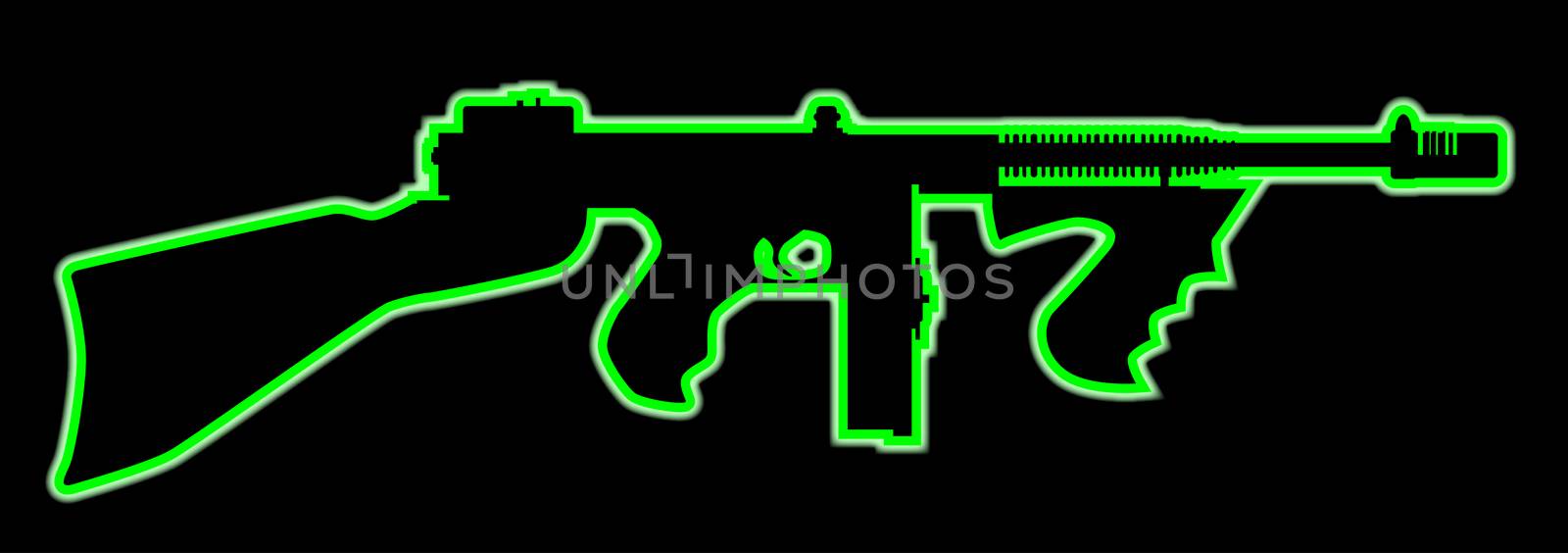 A green neon light outlineTommy gun as used by gangsters in the roaring twenties on a black background