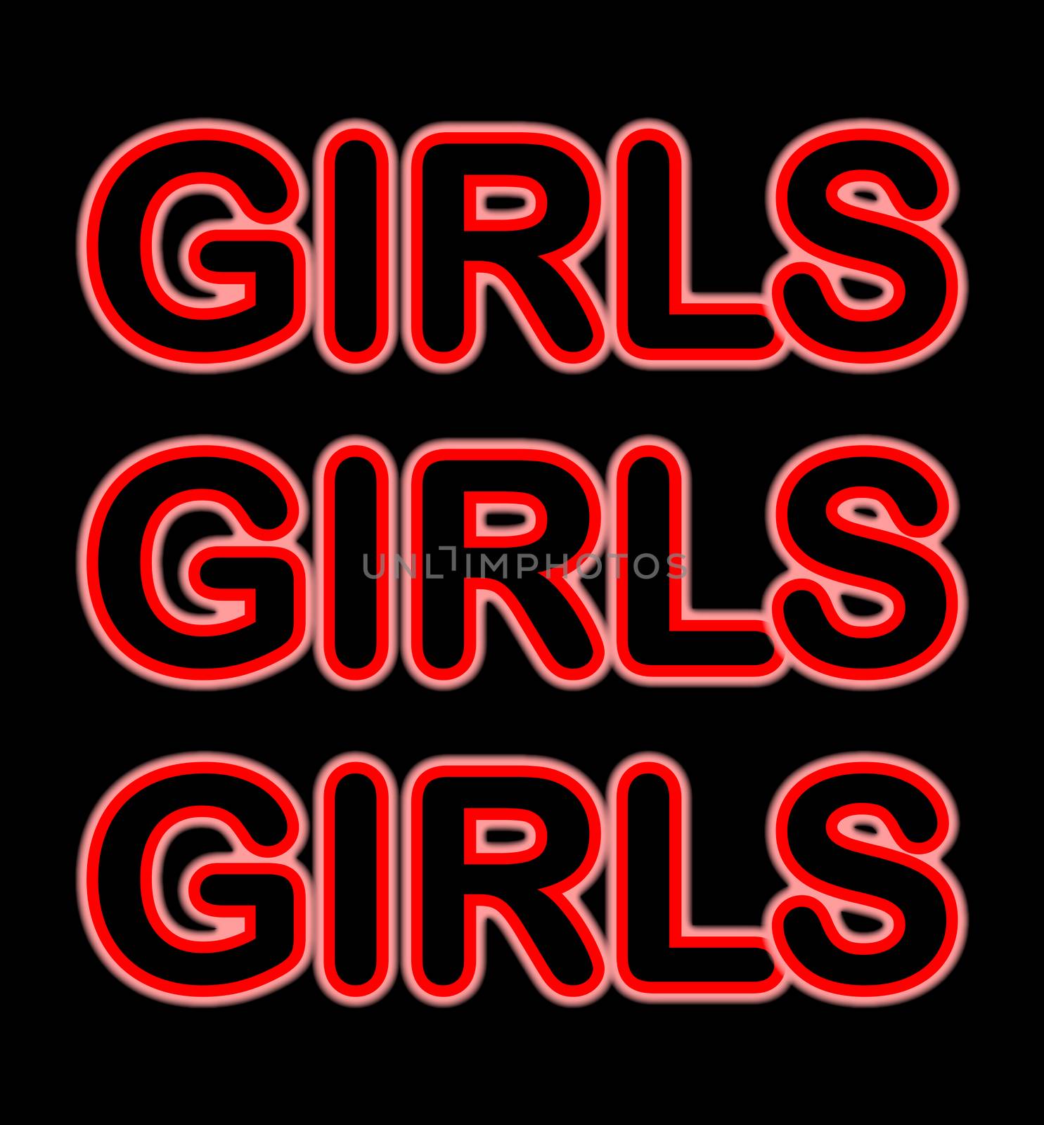 A red neon Girls Girls Girls sign over a black background