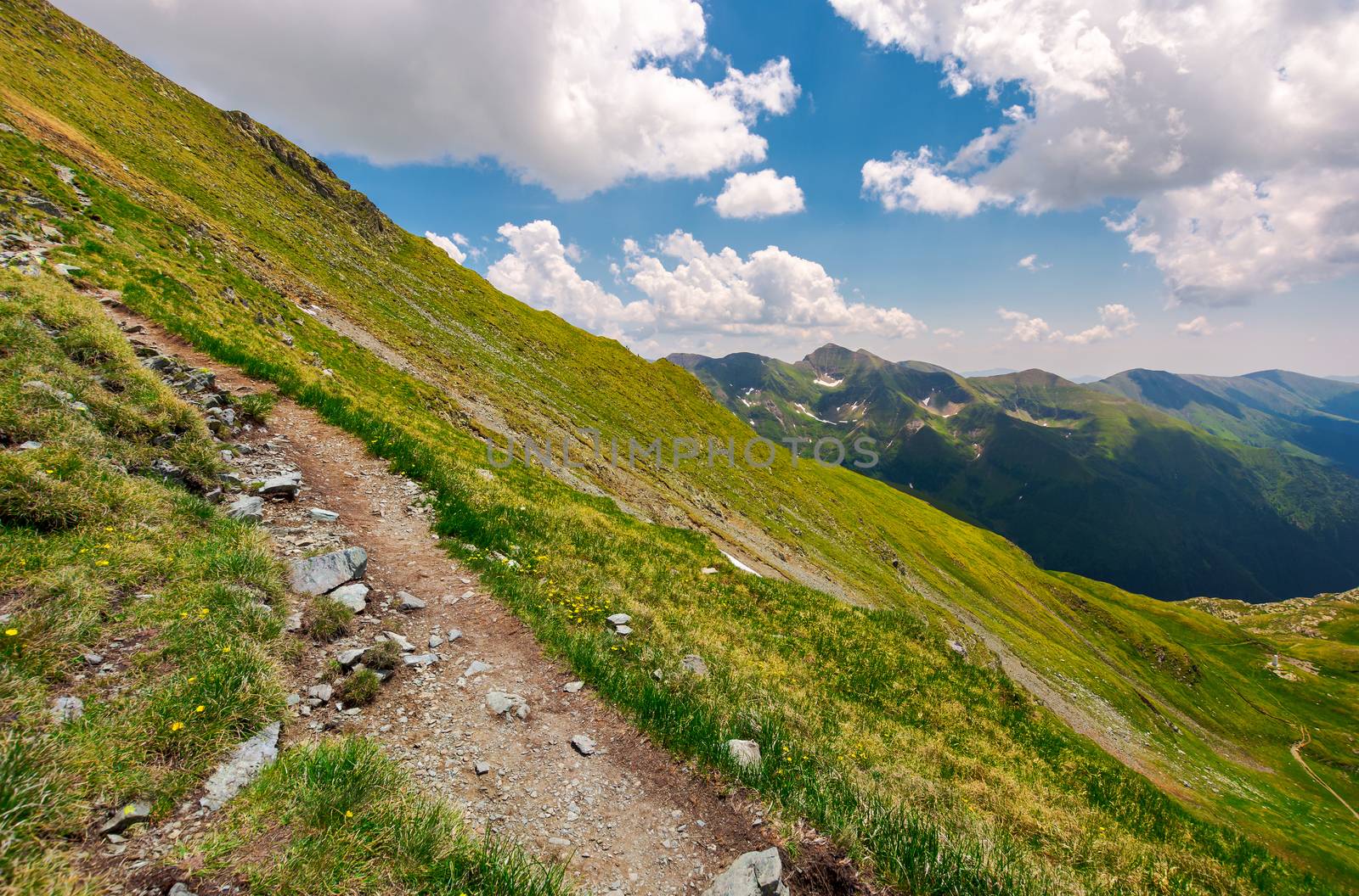 tourist path through grassy slope of Fagaras mount. beautiful summer landscape under the cloudy sky