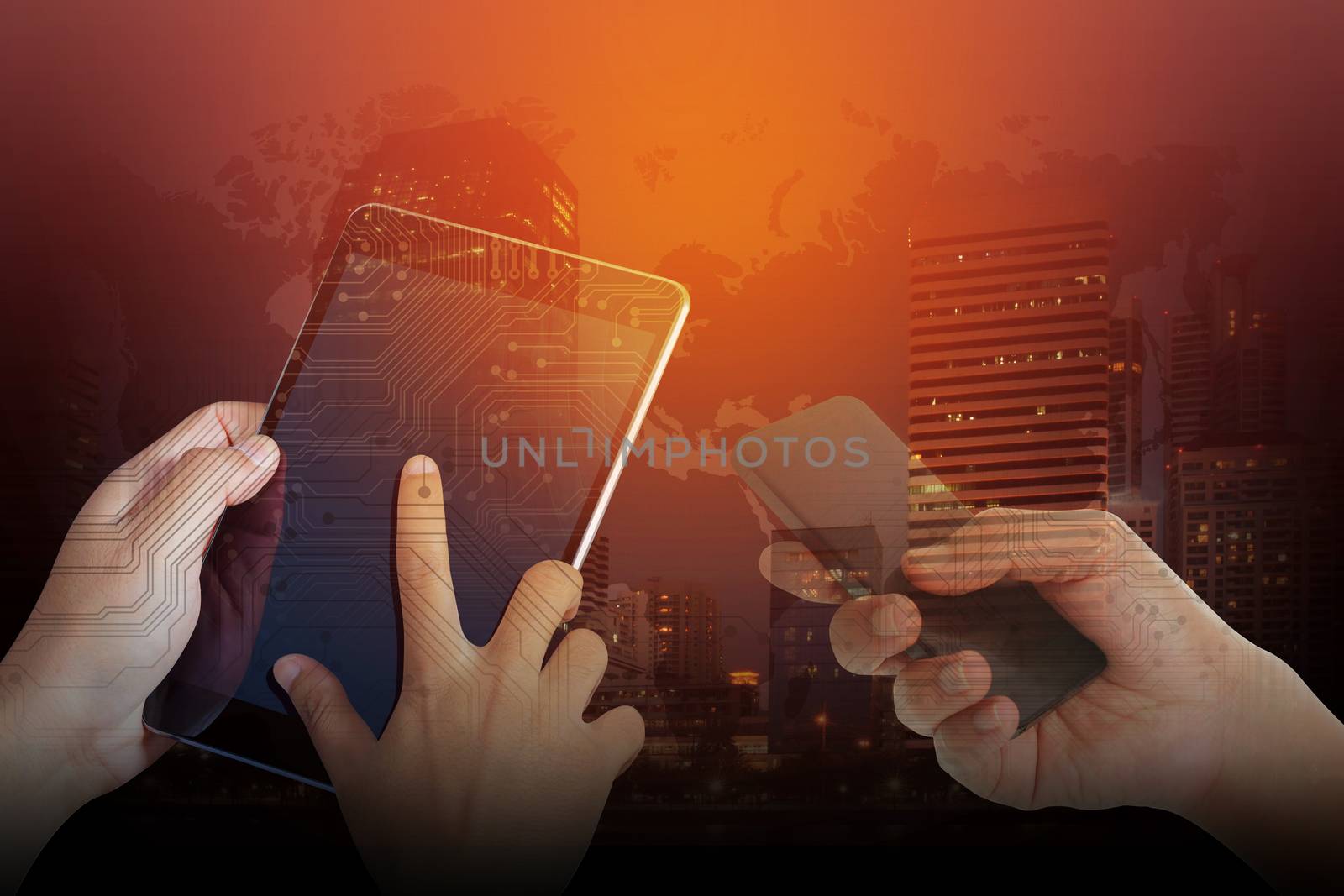 Double exposure of Technology concept with phone and a digital tablet in a Abstract Technology Backgrounds